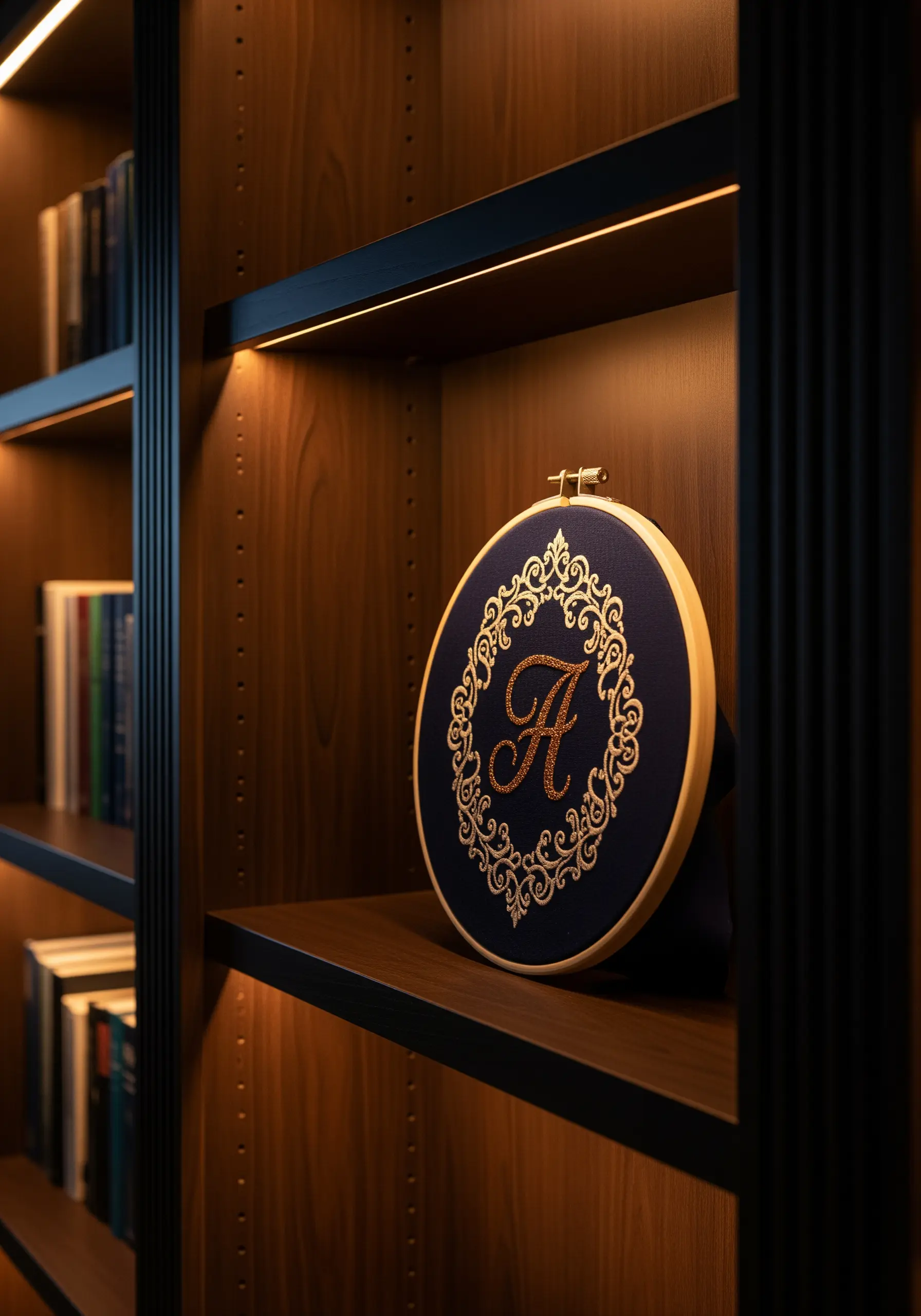 An elegant gold metallic monogram embroidered on dark navy fabric.