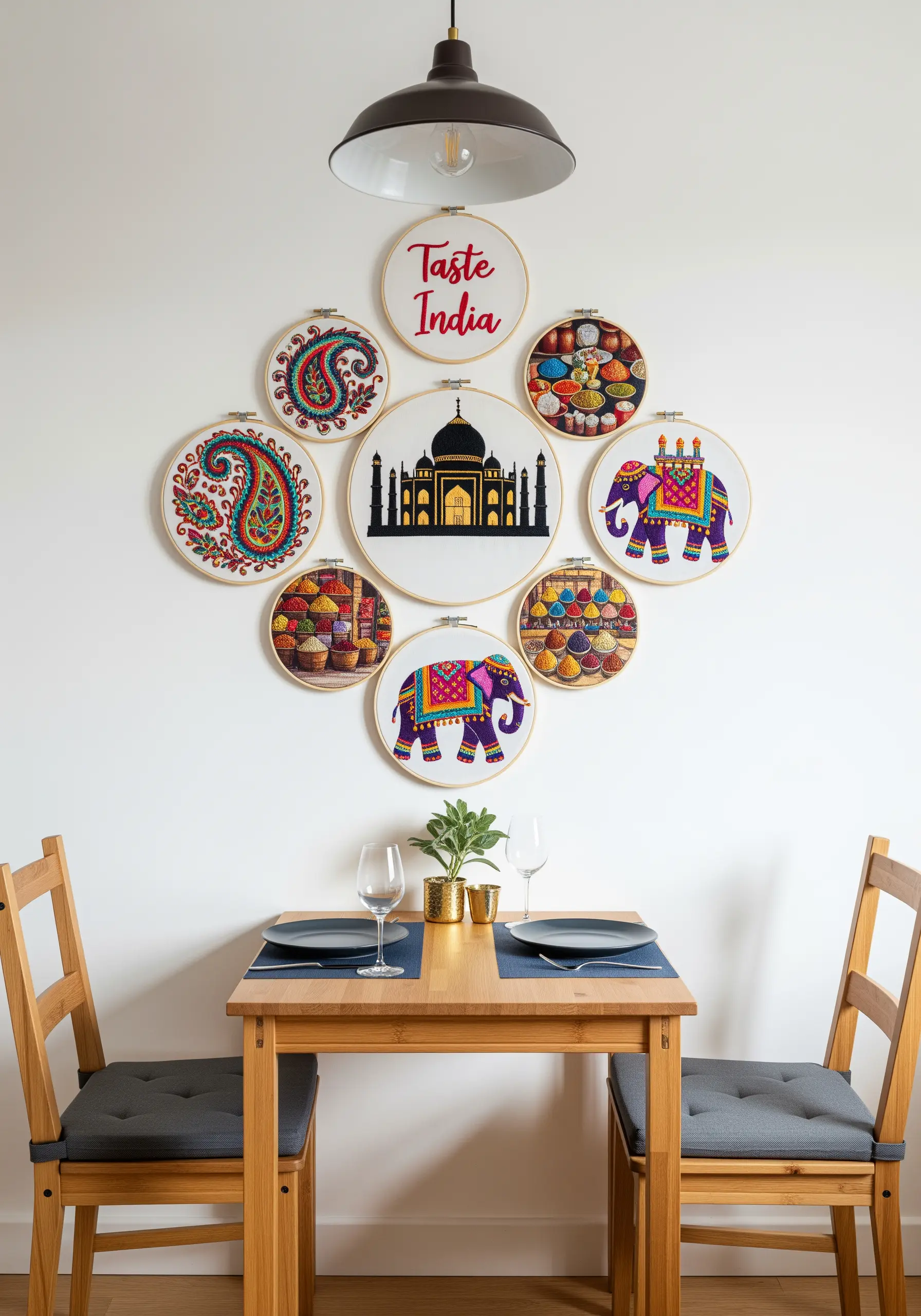 A symmetrical display of India-themed embroidery hoops, including the Taj Mahal and elephants.