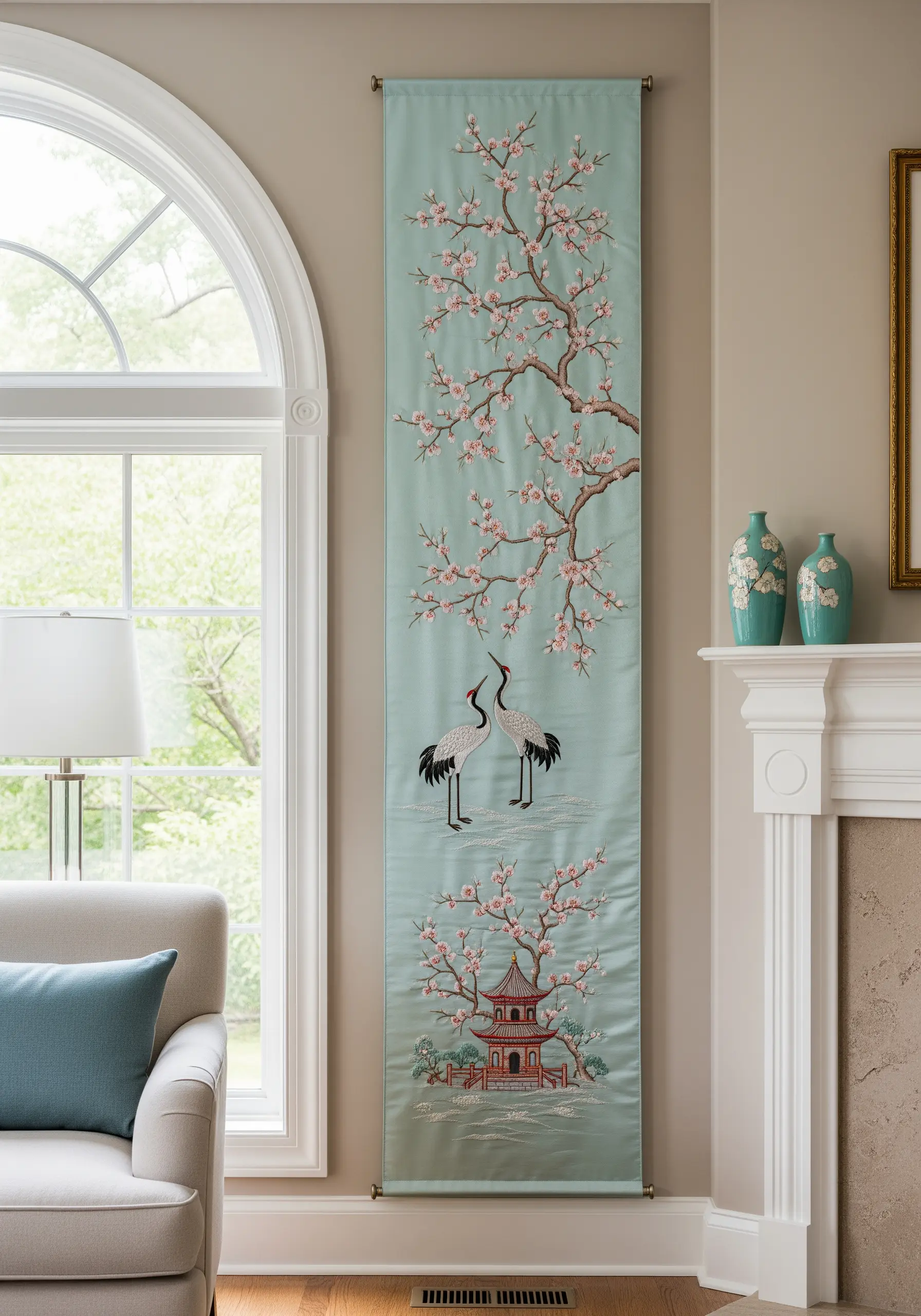 A tall, light blue wall hanging embroidered with cherry blossoms, a pagoda, and two cranes.
