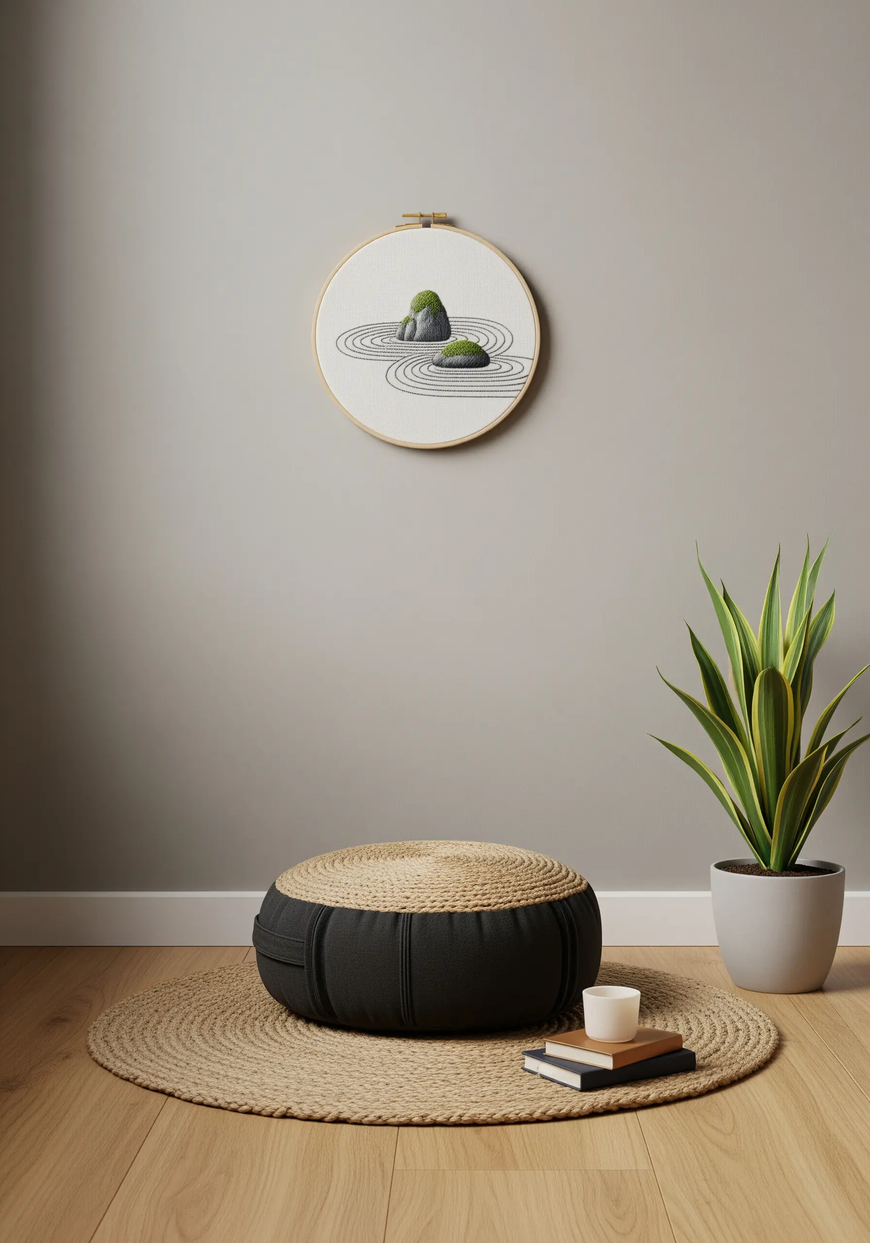 A single embroidery hoop depicting a minimalist Zen garden with mossy rocks and raked sand lines.