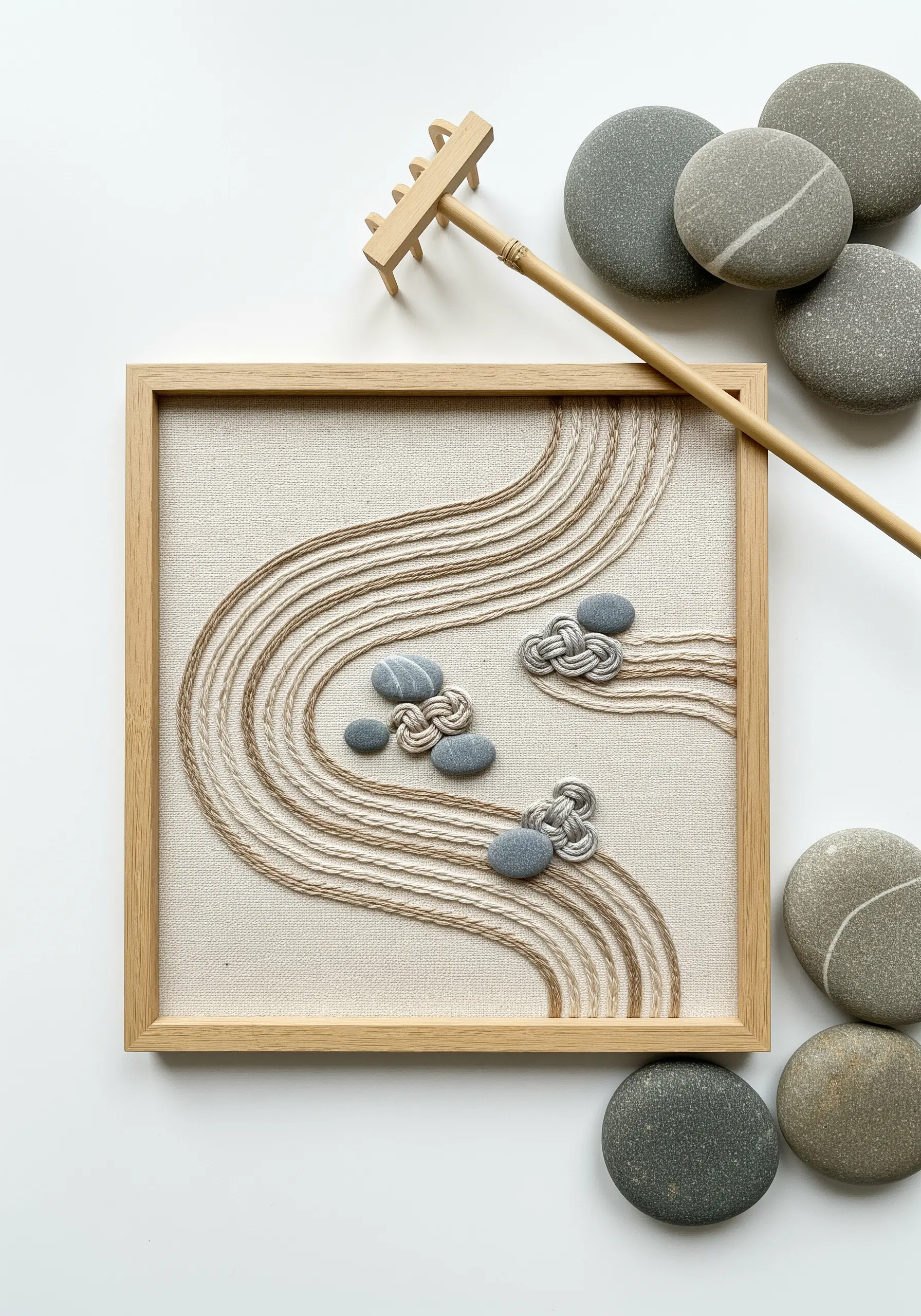 Framed embroidery art imitating a zen garden with couched twine and stitched stones.