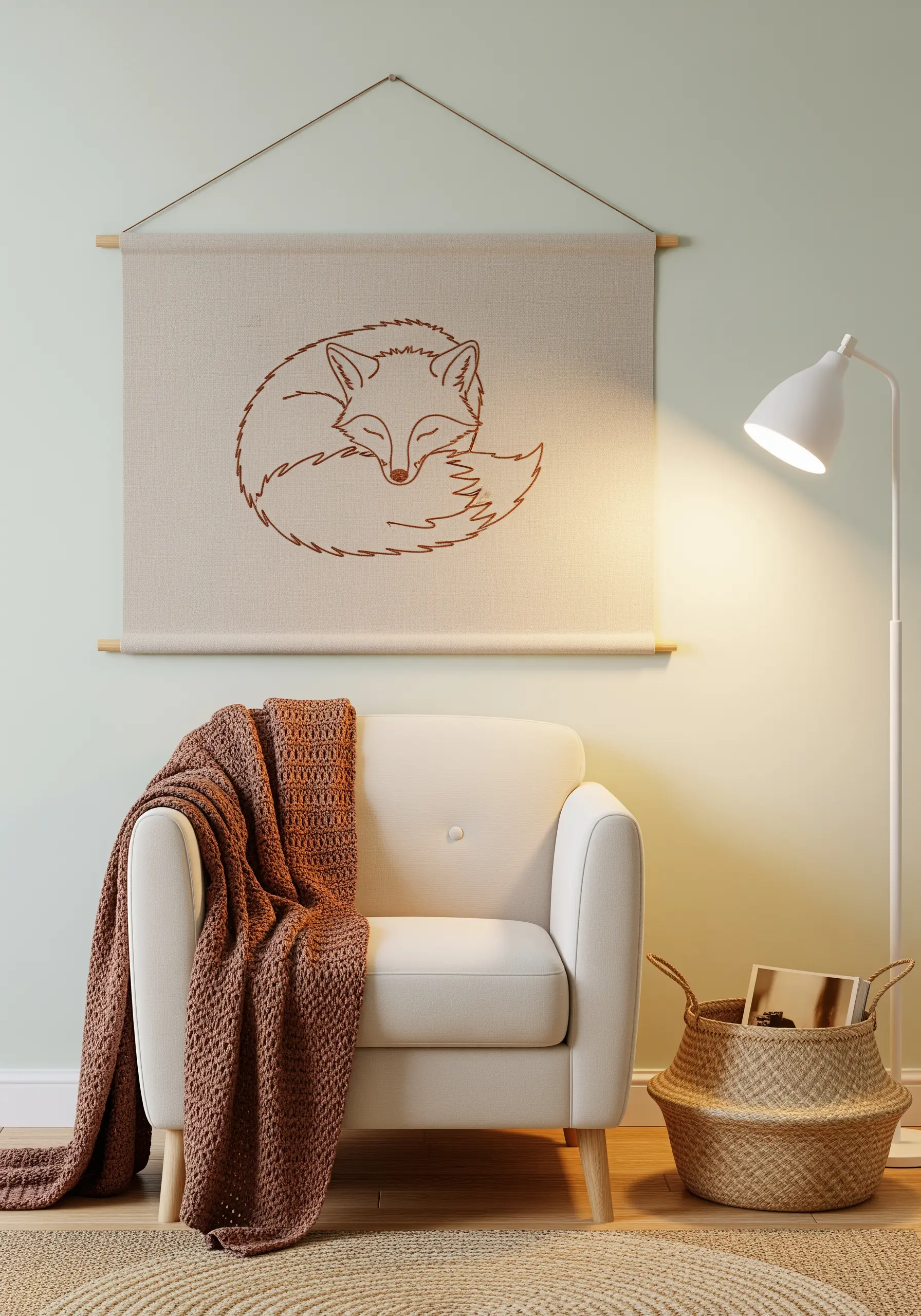 A line-art sleeping fox embroidered in terracotta thread on a large beige canvas wall hanging.