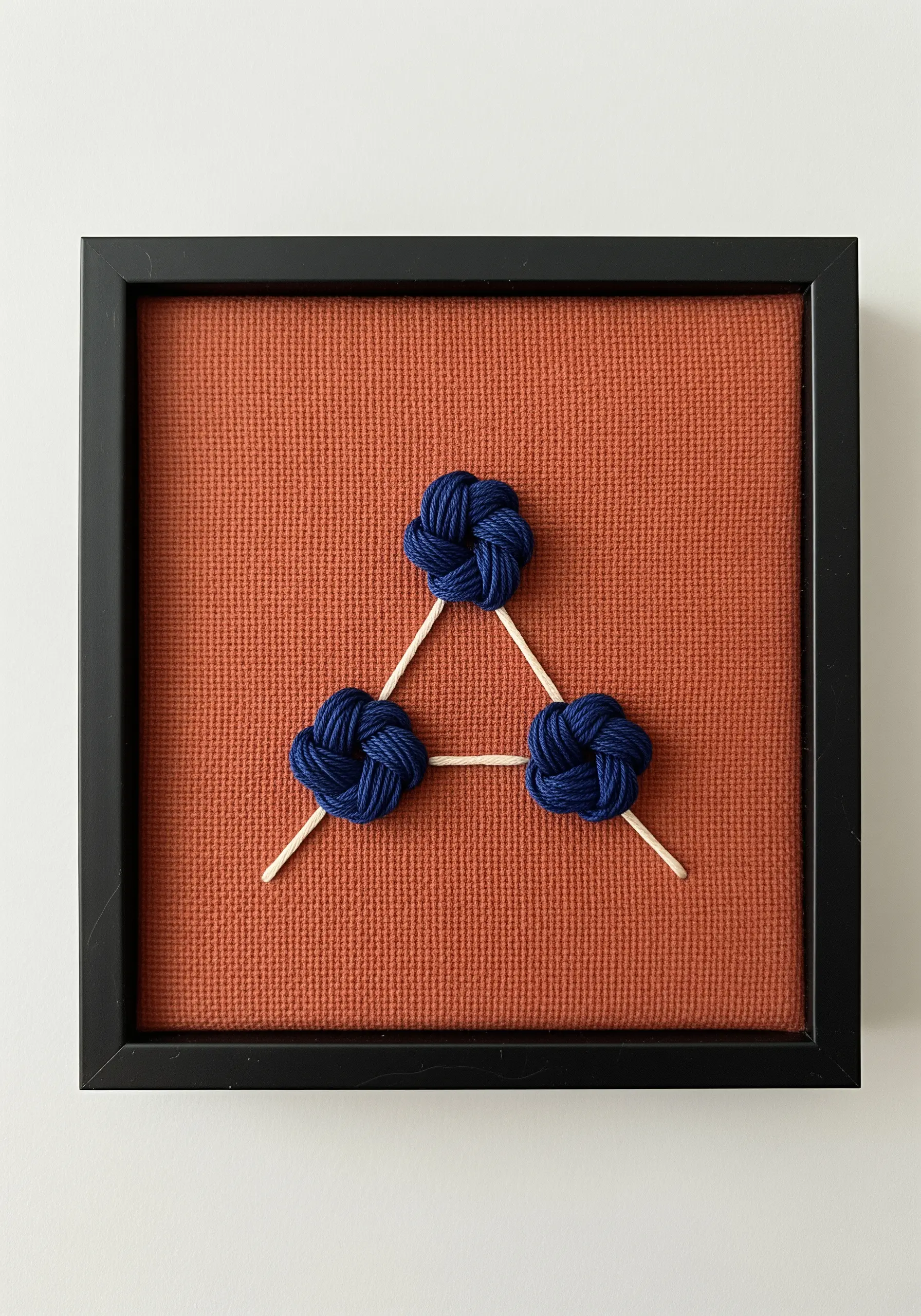 Three-dimensional woven blue yarn knots connected by sticks on a terracotta-colored fabric.
