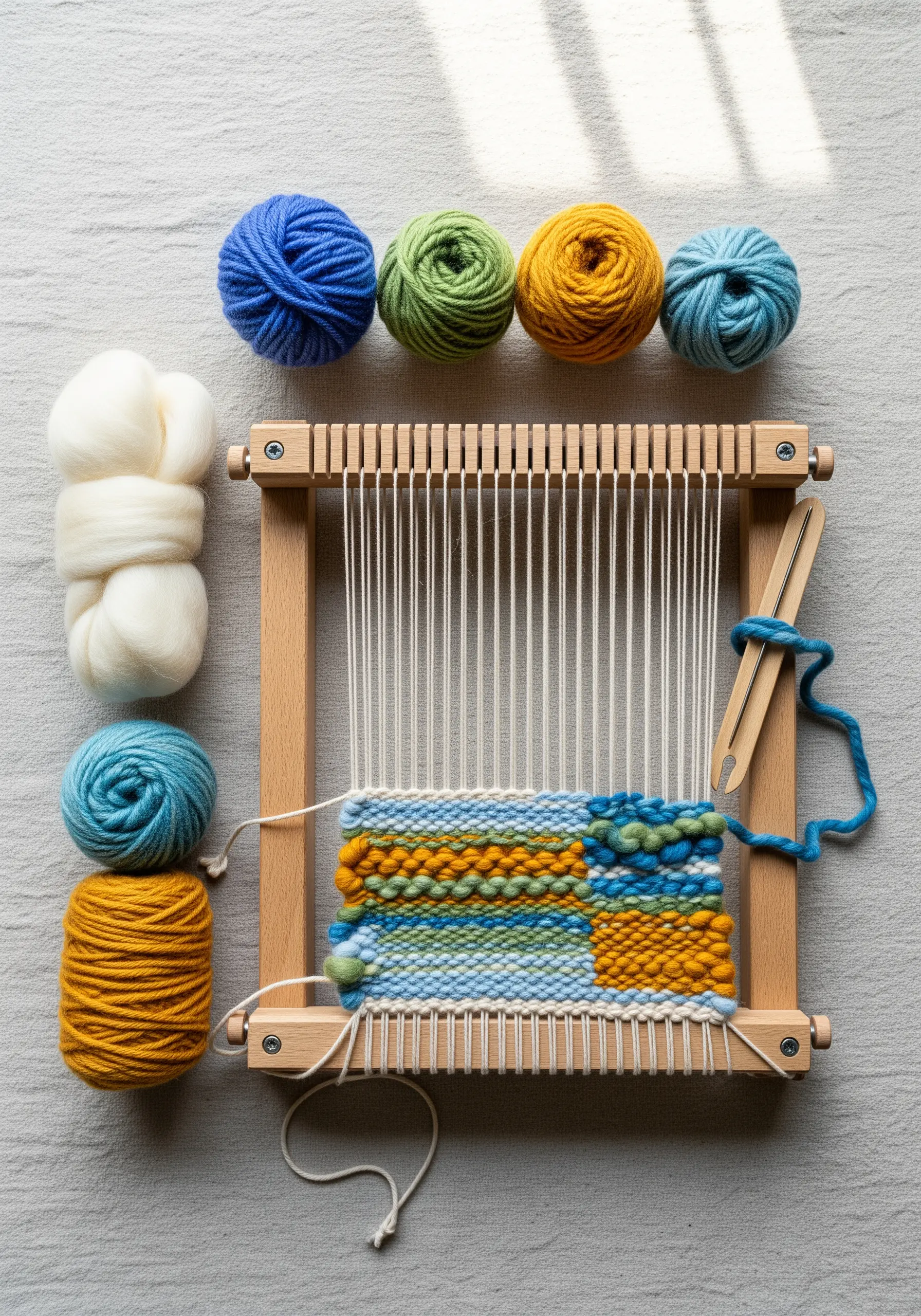 Small wooden frame loom with a partially finished weaving in blue, green, and yellow.