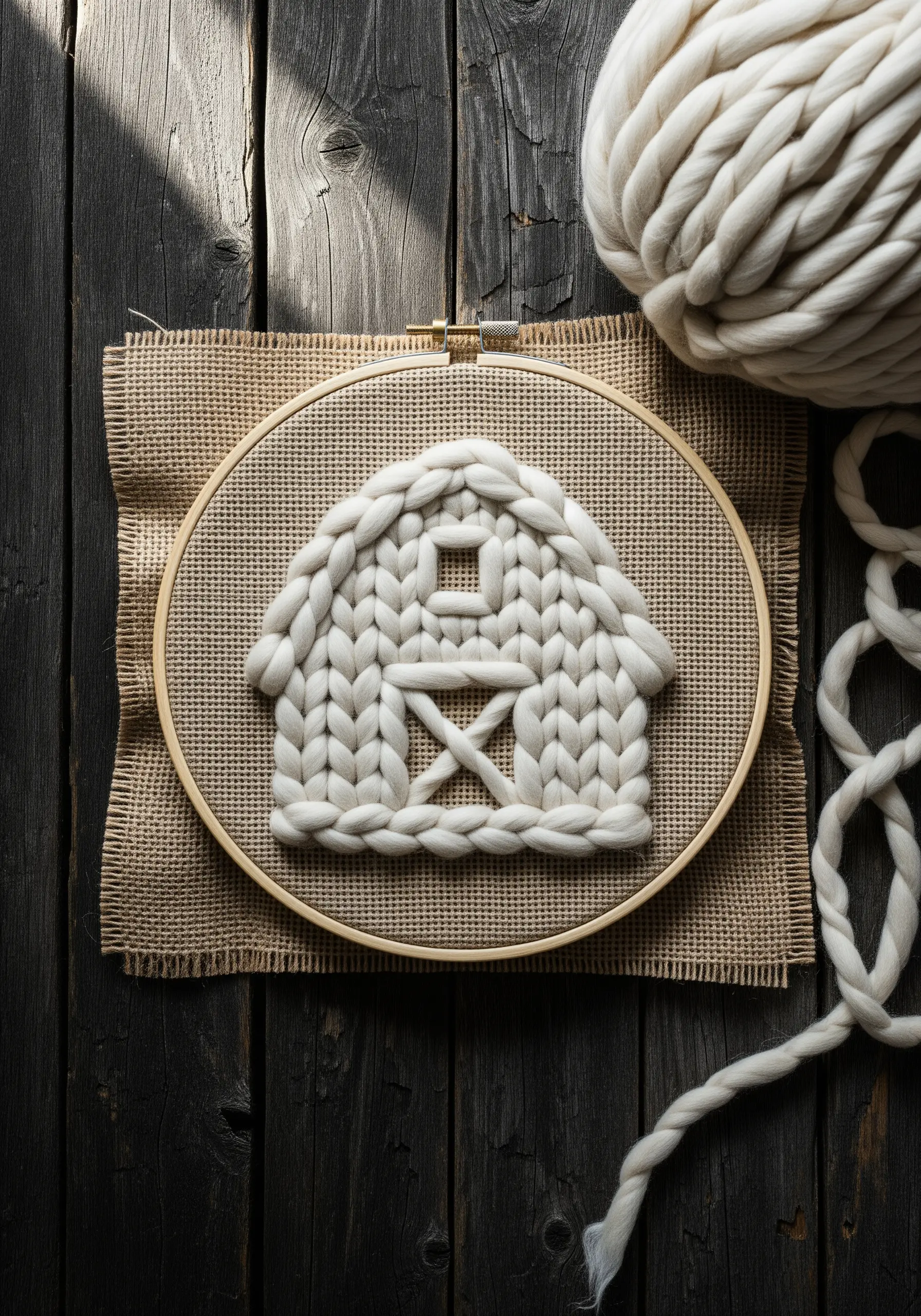 A barn shape stitched with chunky white yarn on a burlap canvas inside a hoop.
