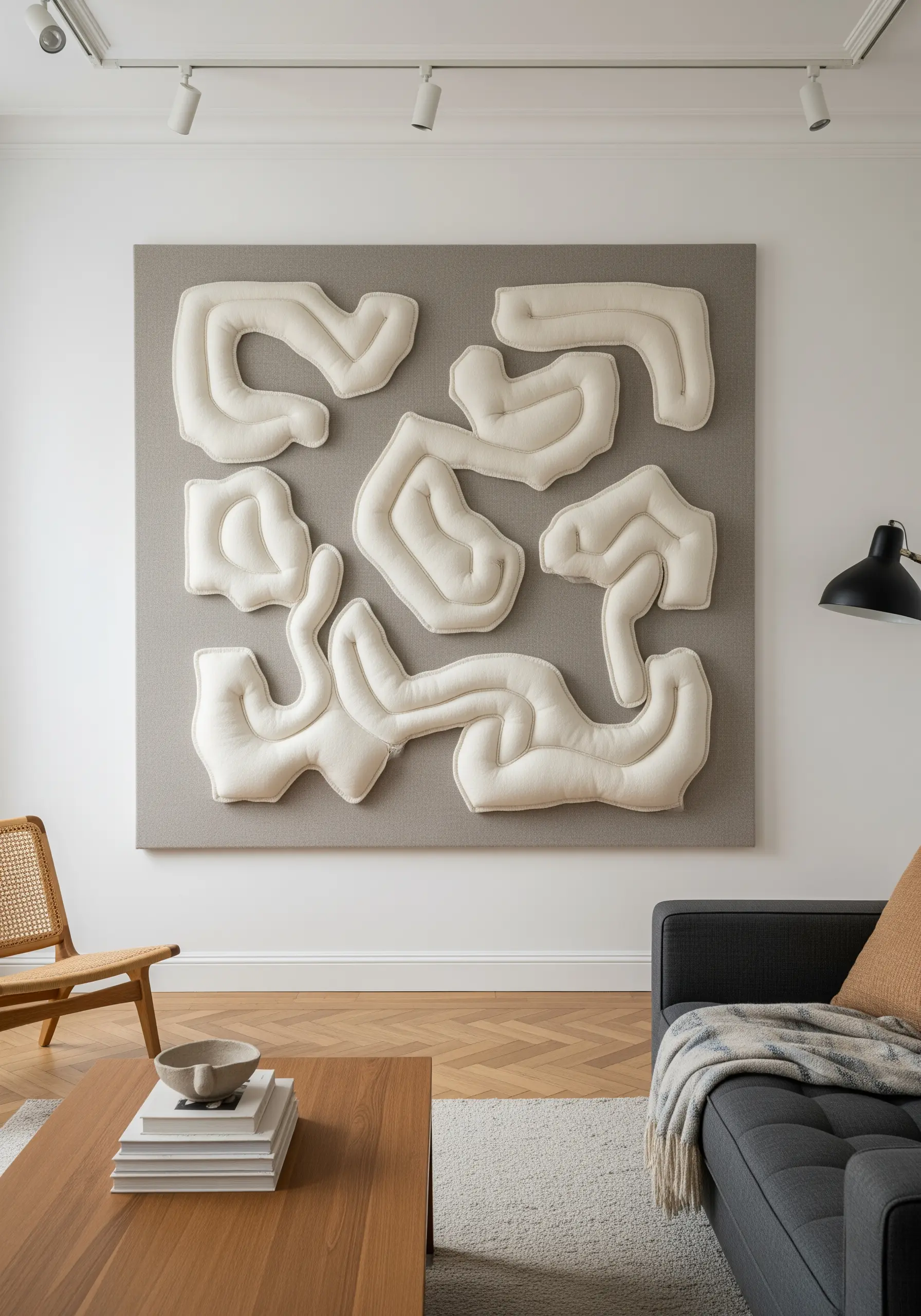 A large grey canvas with abstract, padded white sculptural forms stitched onto it.