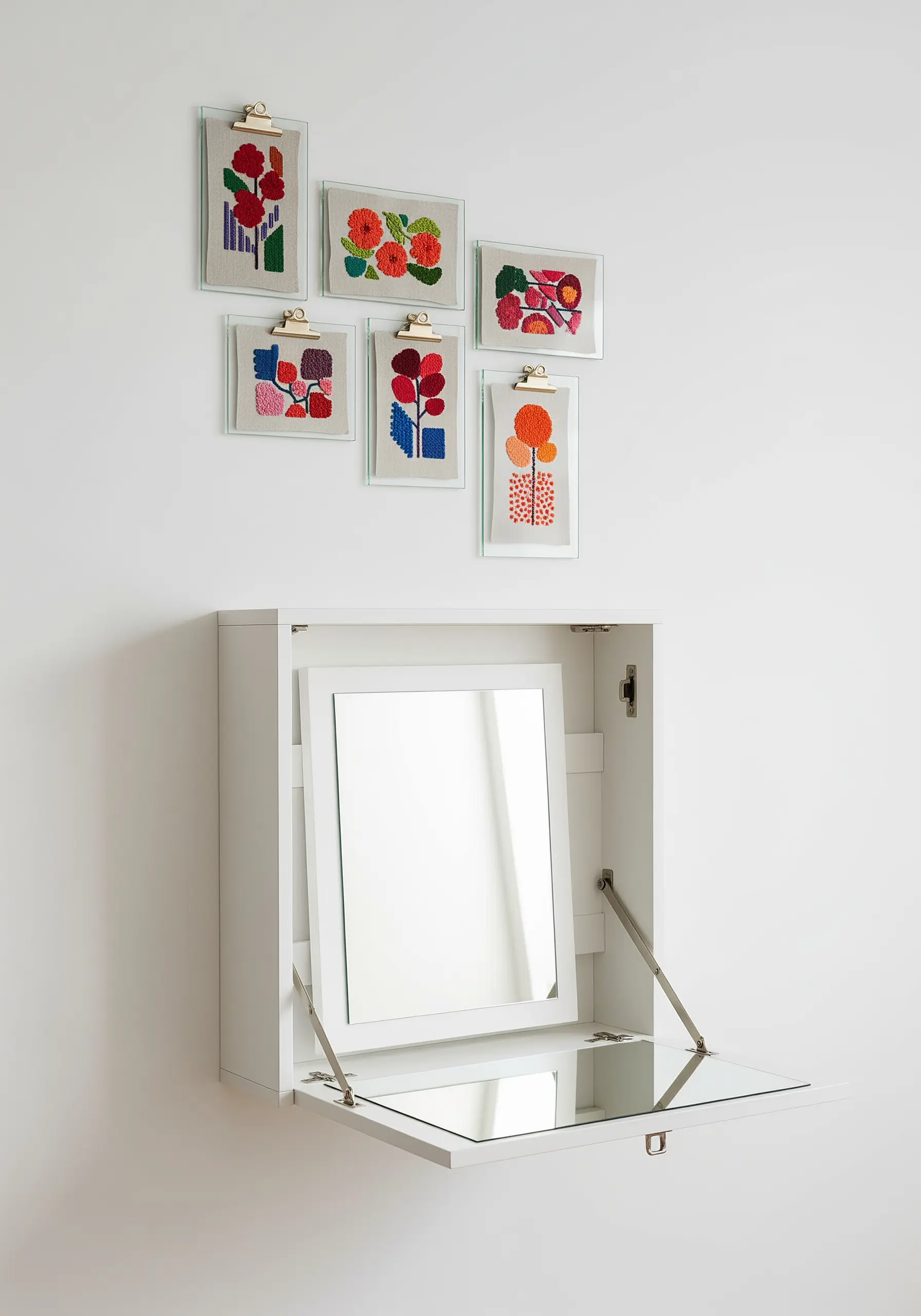 A collection of abstract floral embroideries mounted on modern glass clipboards.