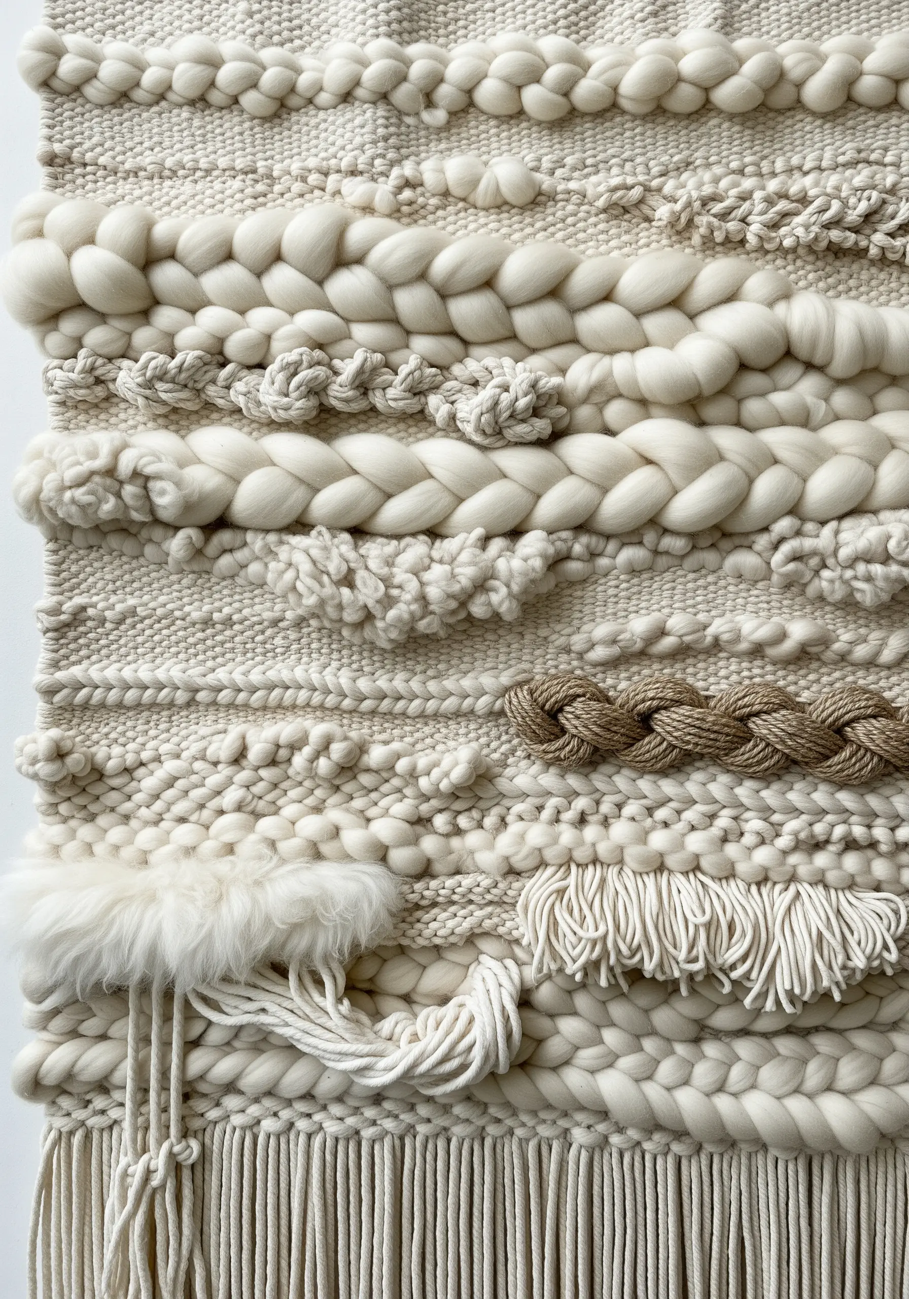 A close-up of a neutral-toned woven wall hanging showcasing a variety of textures and knots.