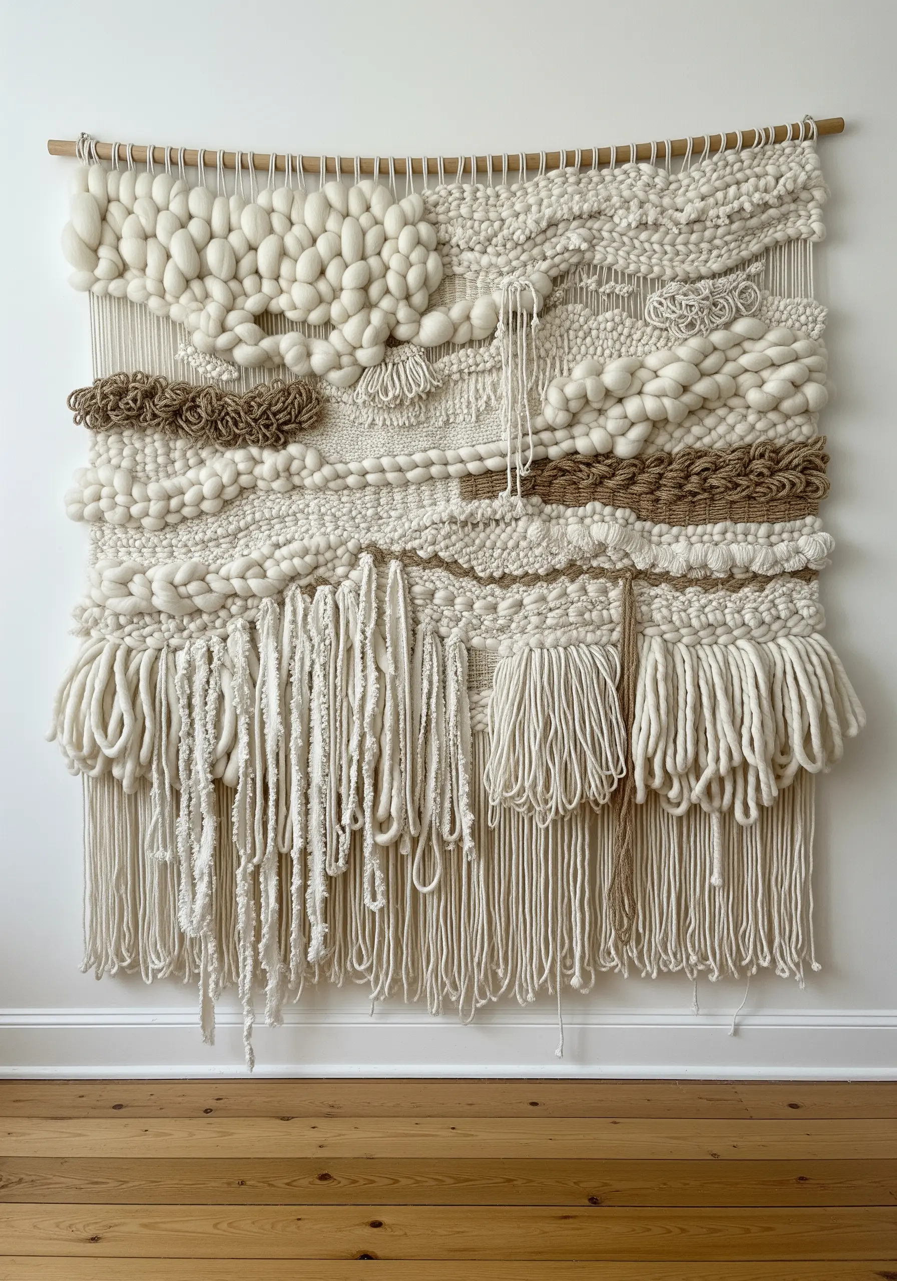 Large woven wall hanging in neutral tones with a huge variety of textures and knots.