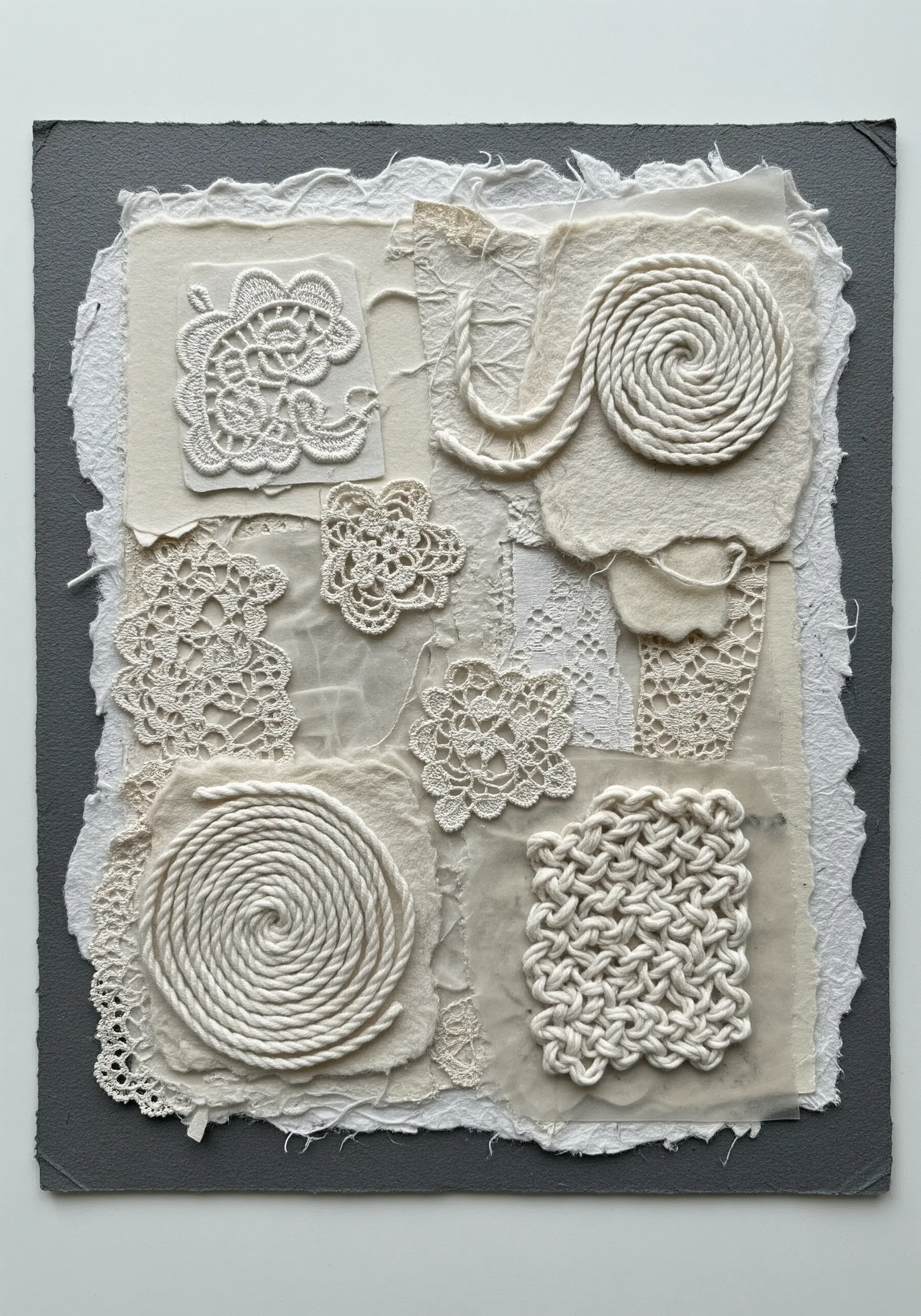 Monochrome white collage featuring coiled rope, lace, and woven thread on paper.