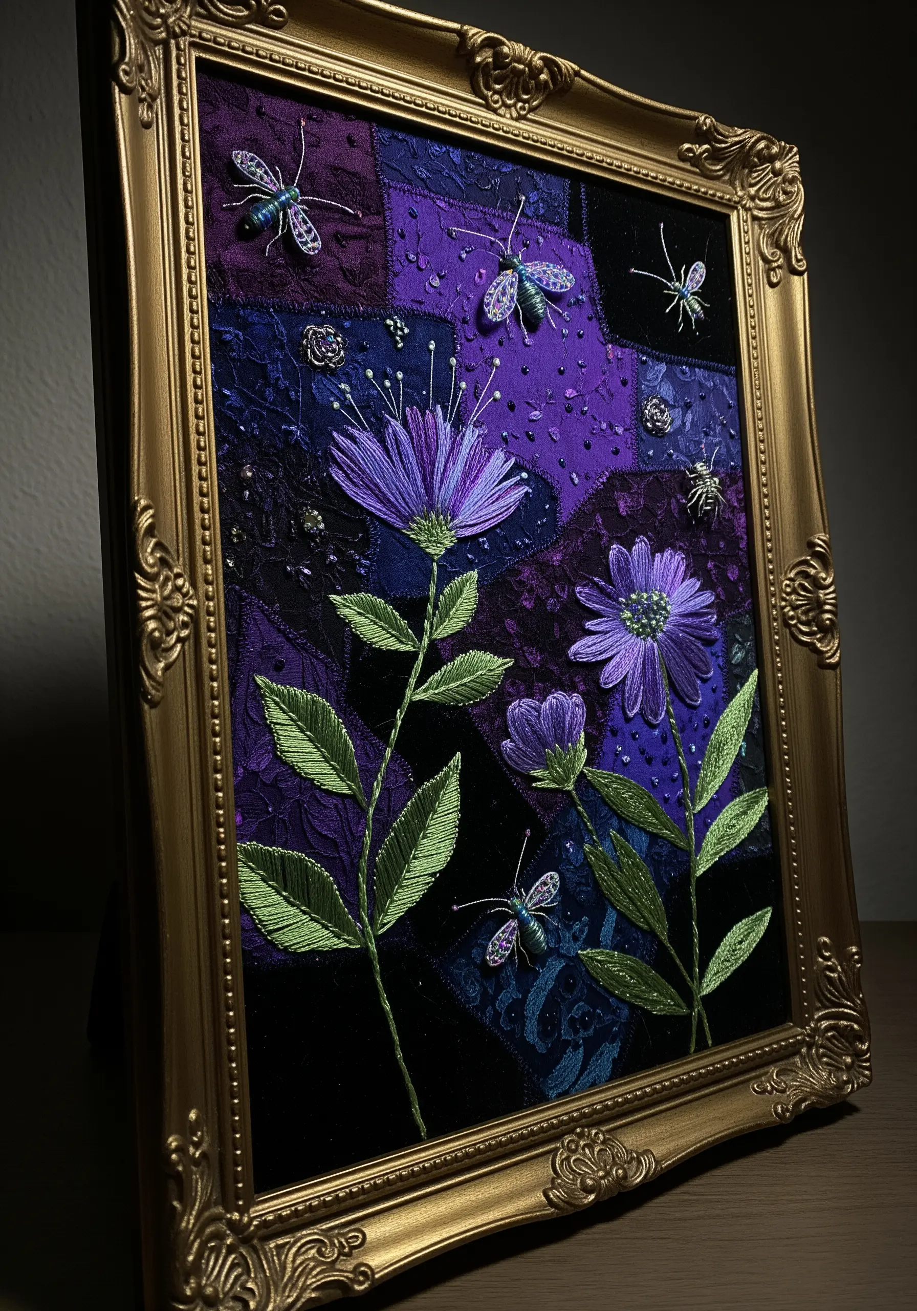 Embroidered purple flowers on a patchwork background of various purple and black fabrics.