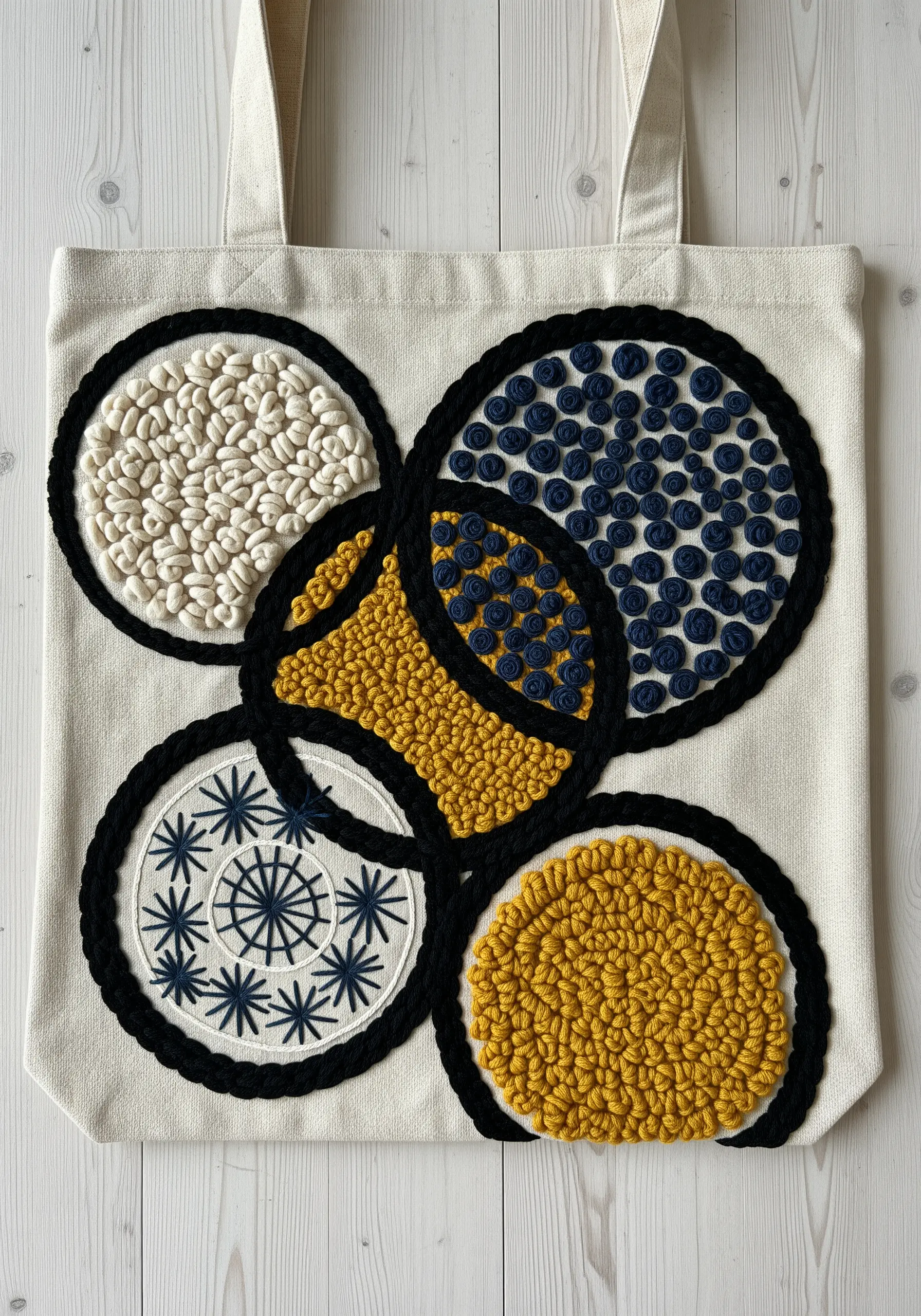 Abstract overlapping circles filled with different raised stitches like French knots.