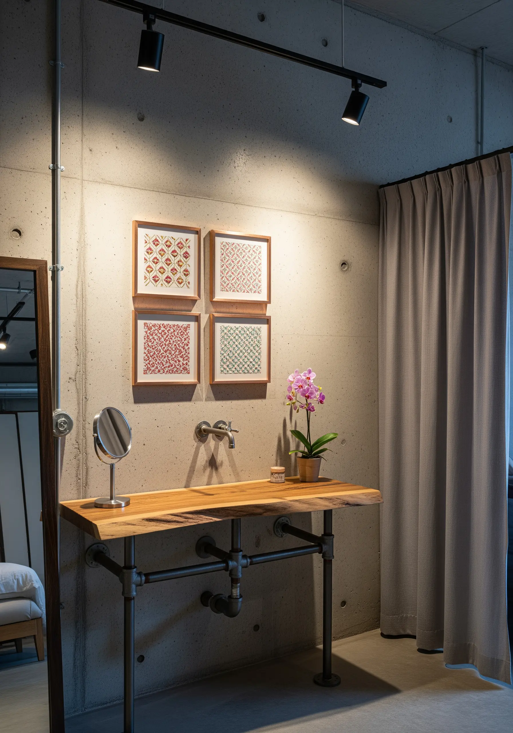 Four framed geometric and abstract floral embroidery patterns on a concrete wall.