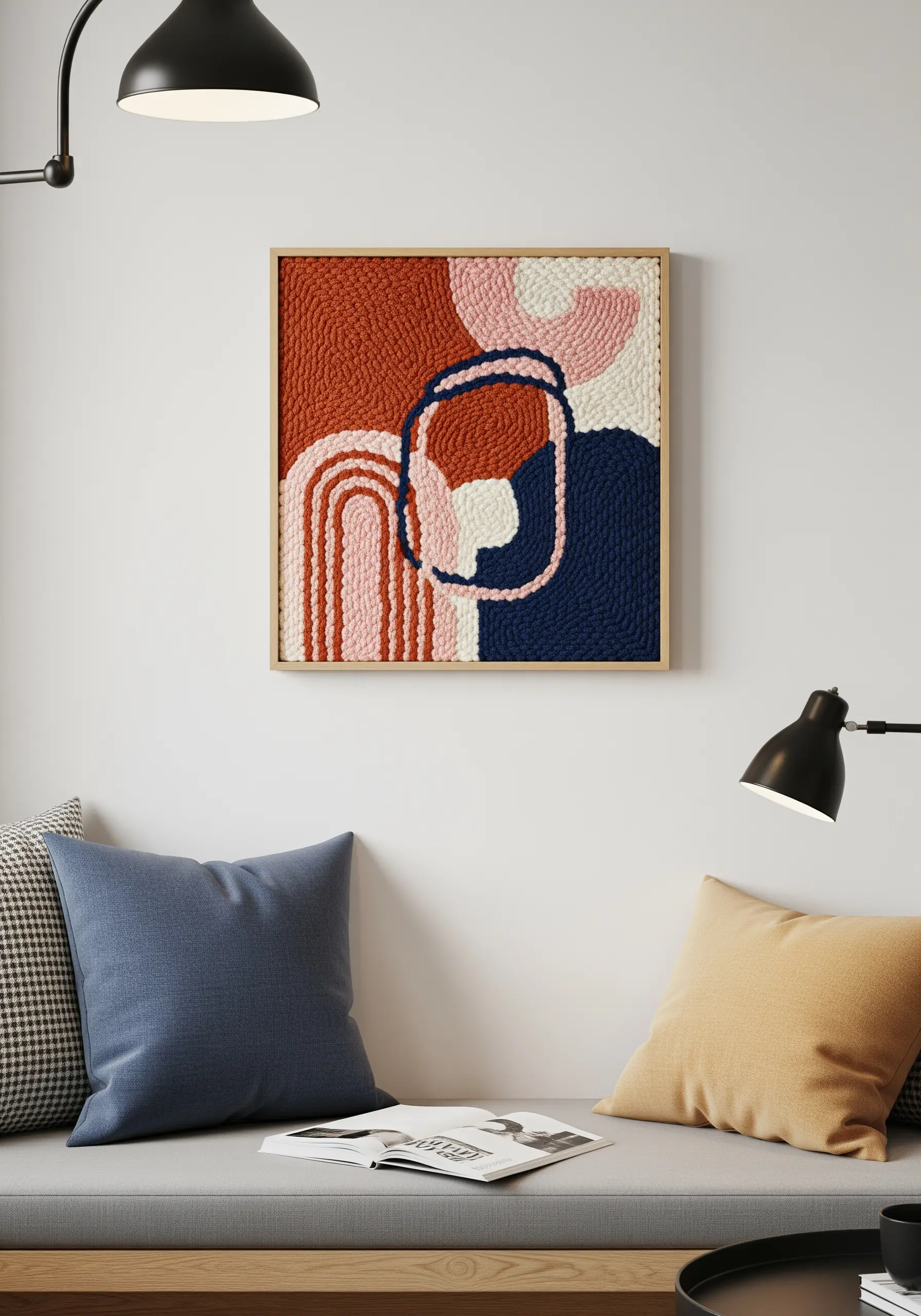 A framed piece of abstract punch needle art with blocks of color in pink, navy, and rust.