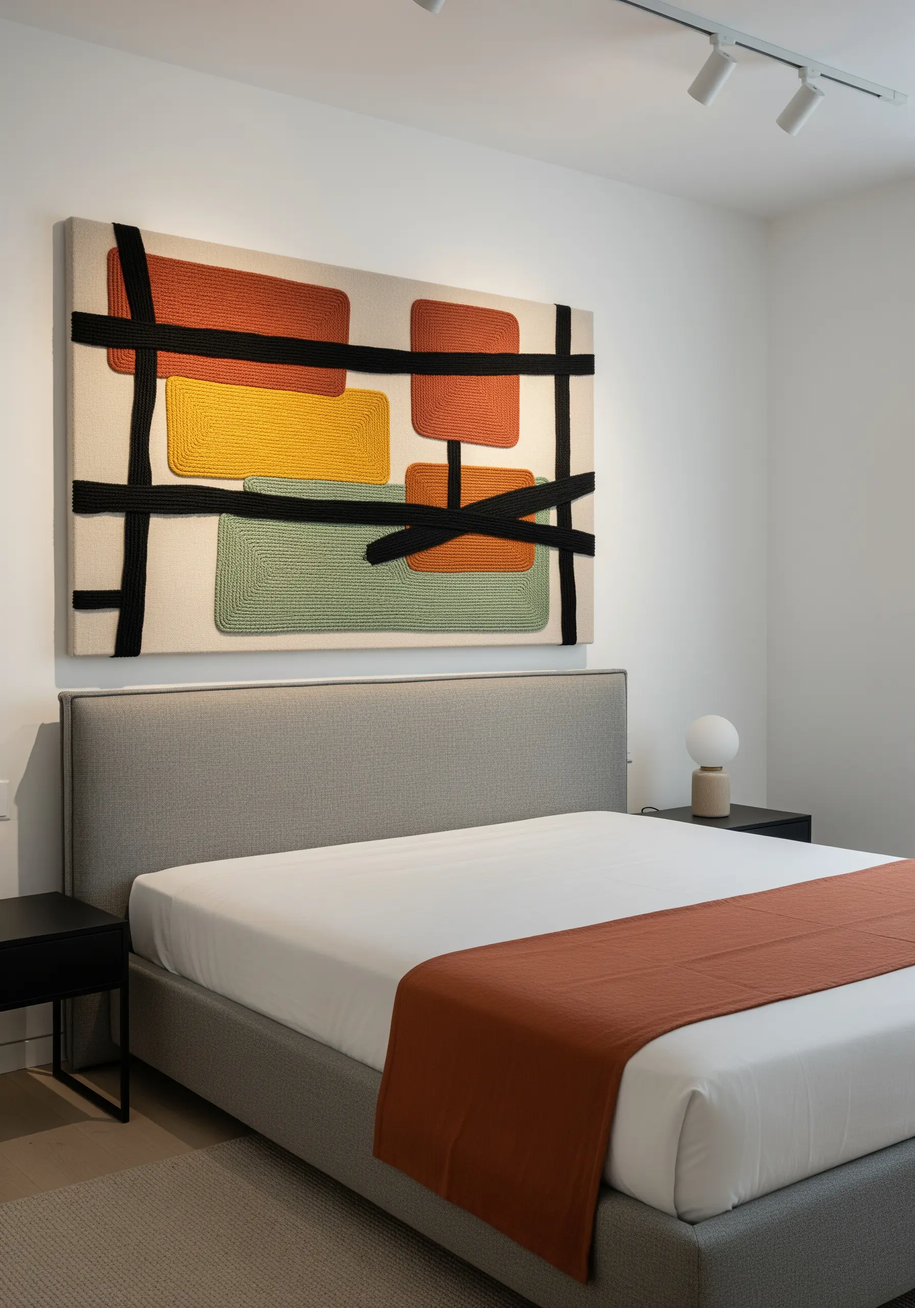 Abstract wall art above a bed made with couched, colorful thick yarn in block shapes.