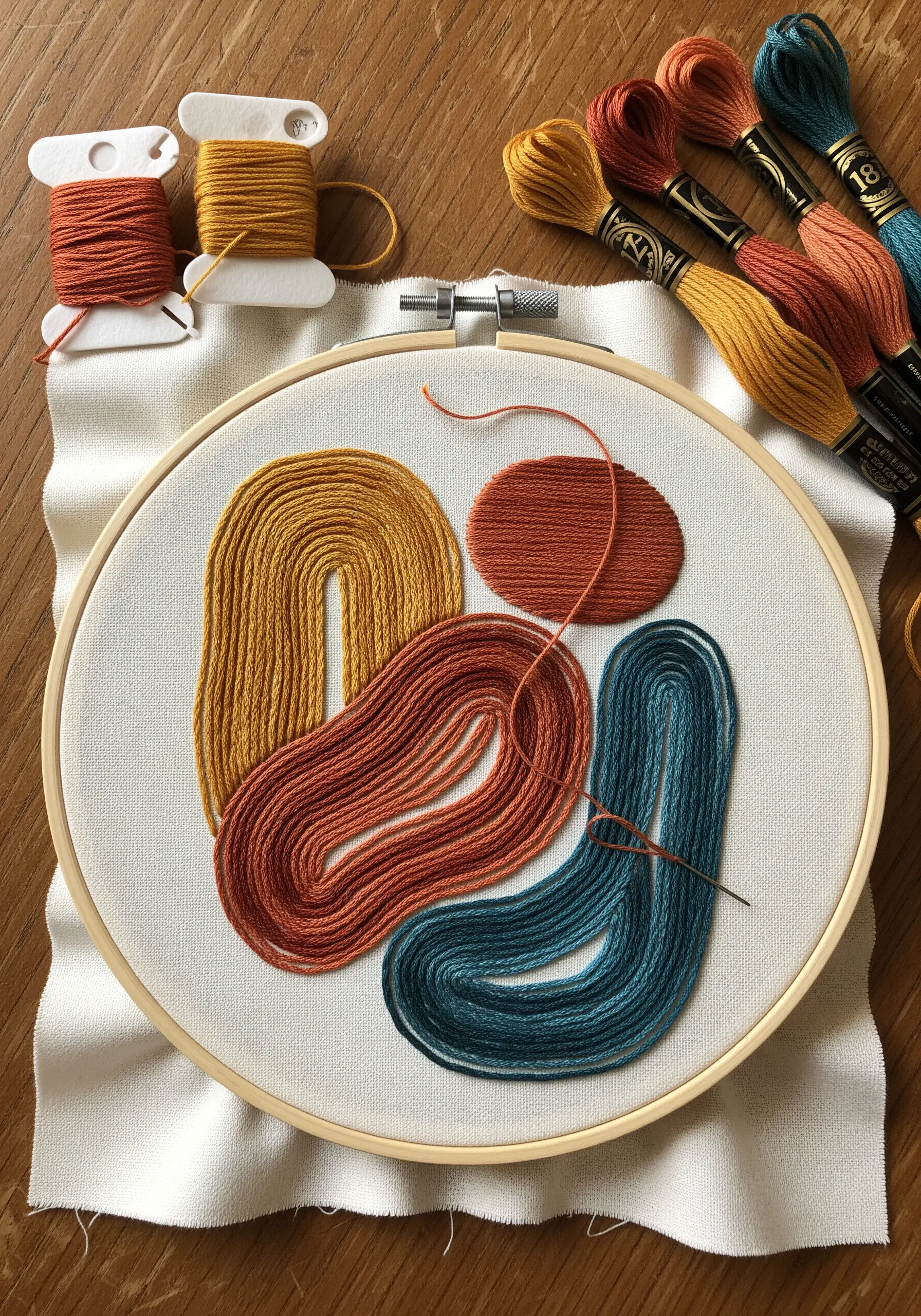 Abstract embroidery with organic shapes filled with orange, yellow, and blue thread.
