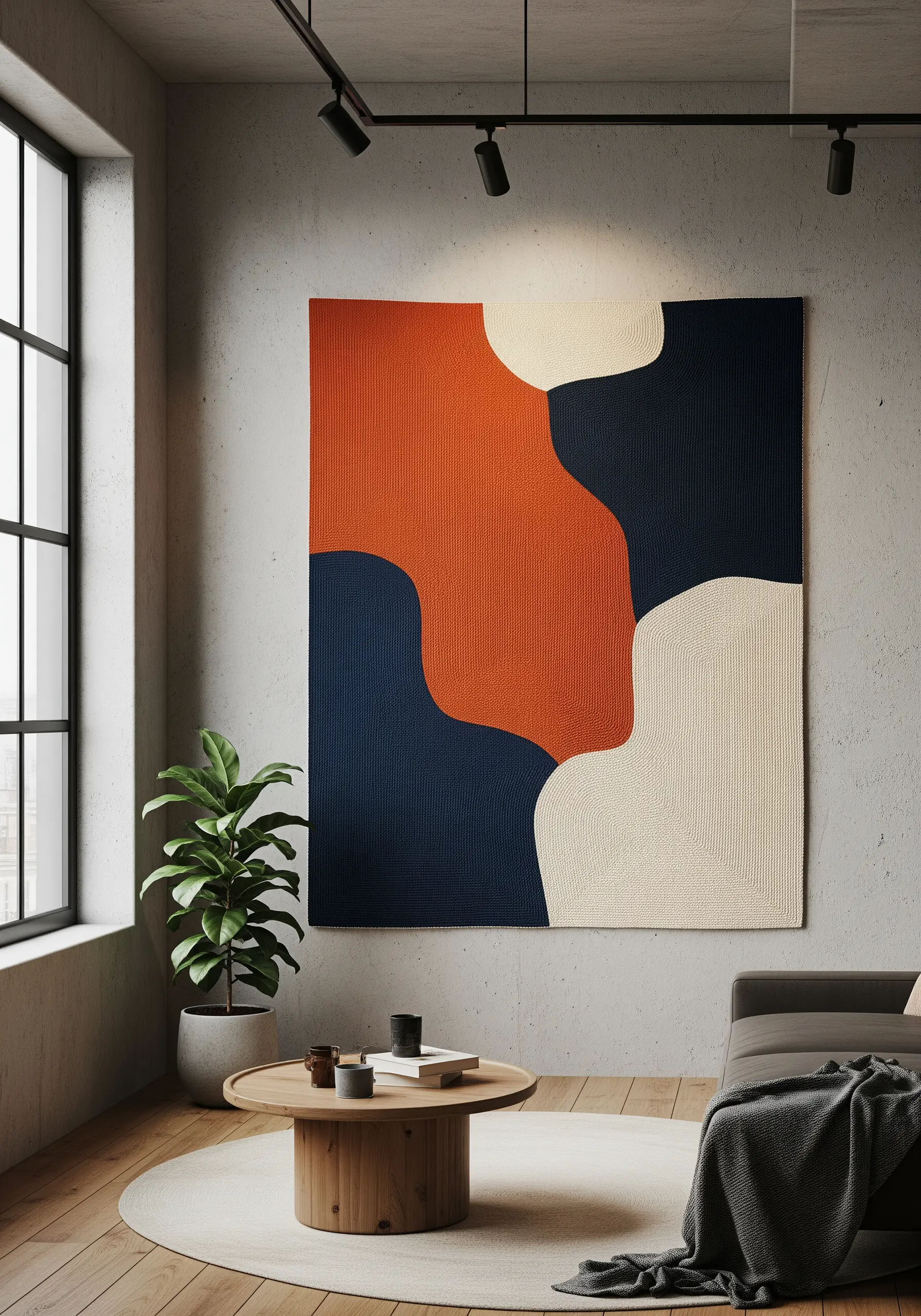 Modern abstract tapestry with large, flowing shapes in navy, cream, and burnt orange.