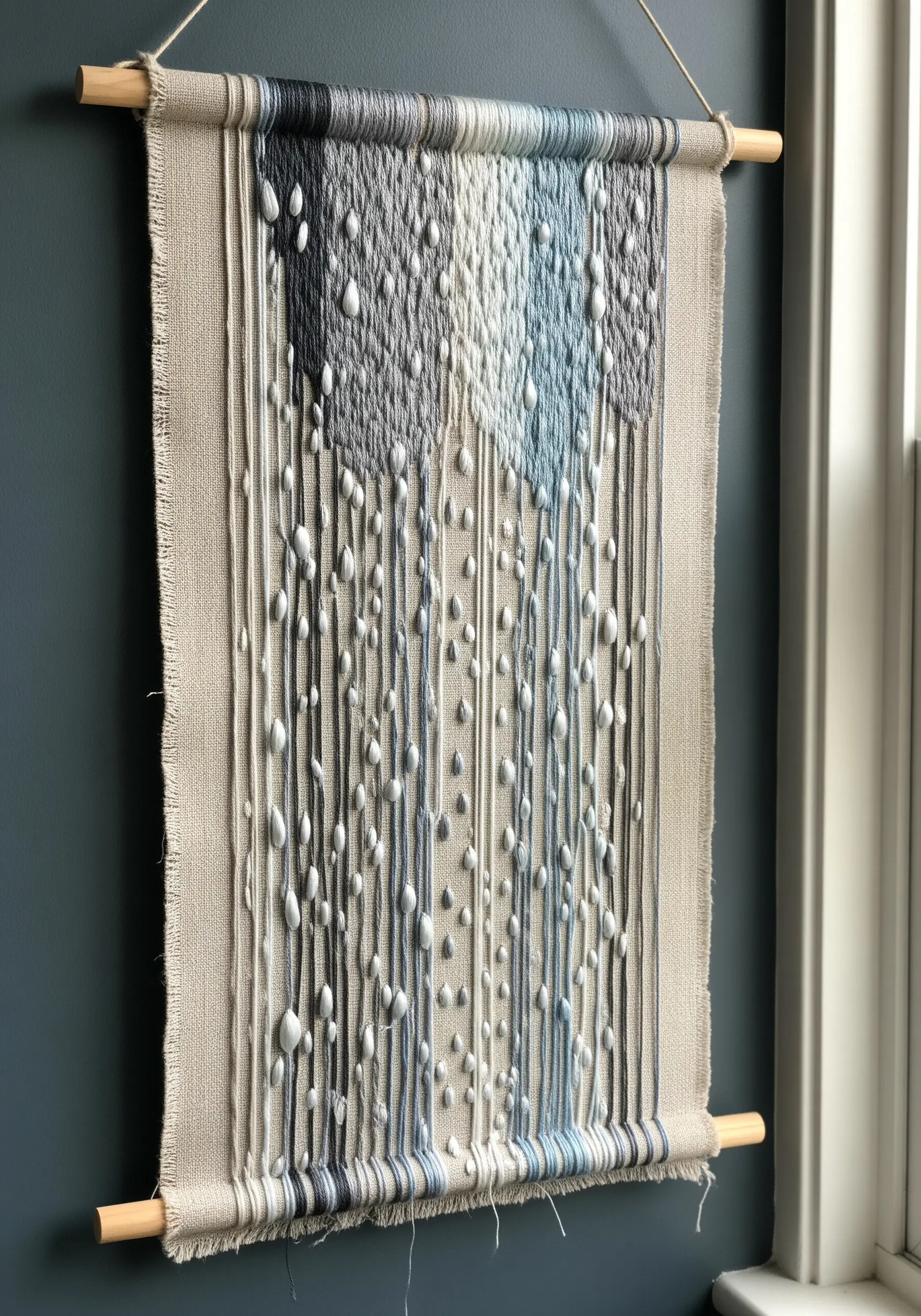 A woven wall hanging with raised embroidery textures and long, dangling threads.