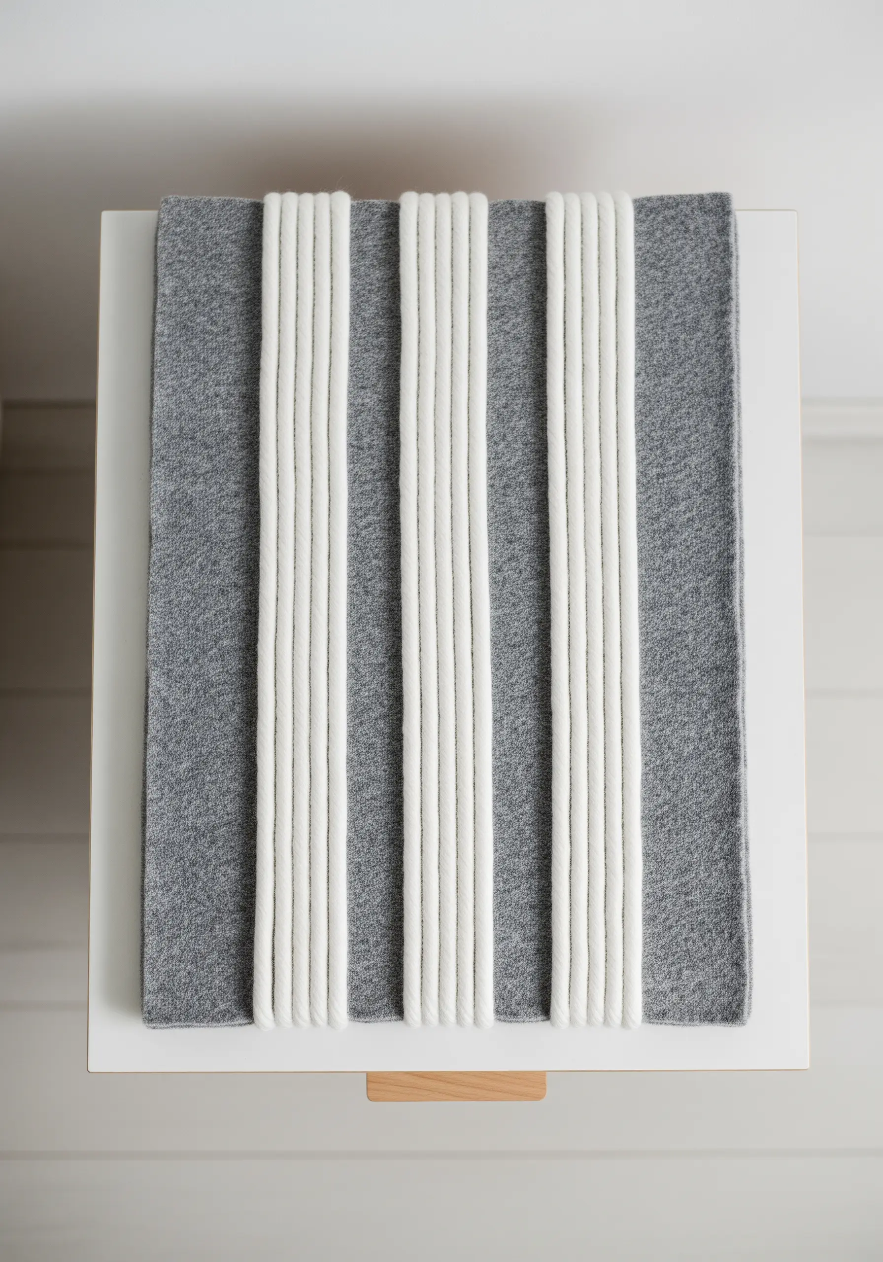 A minimalist textile art piece with thick white cord wrapped in vertical stripes over grey fabric.