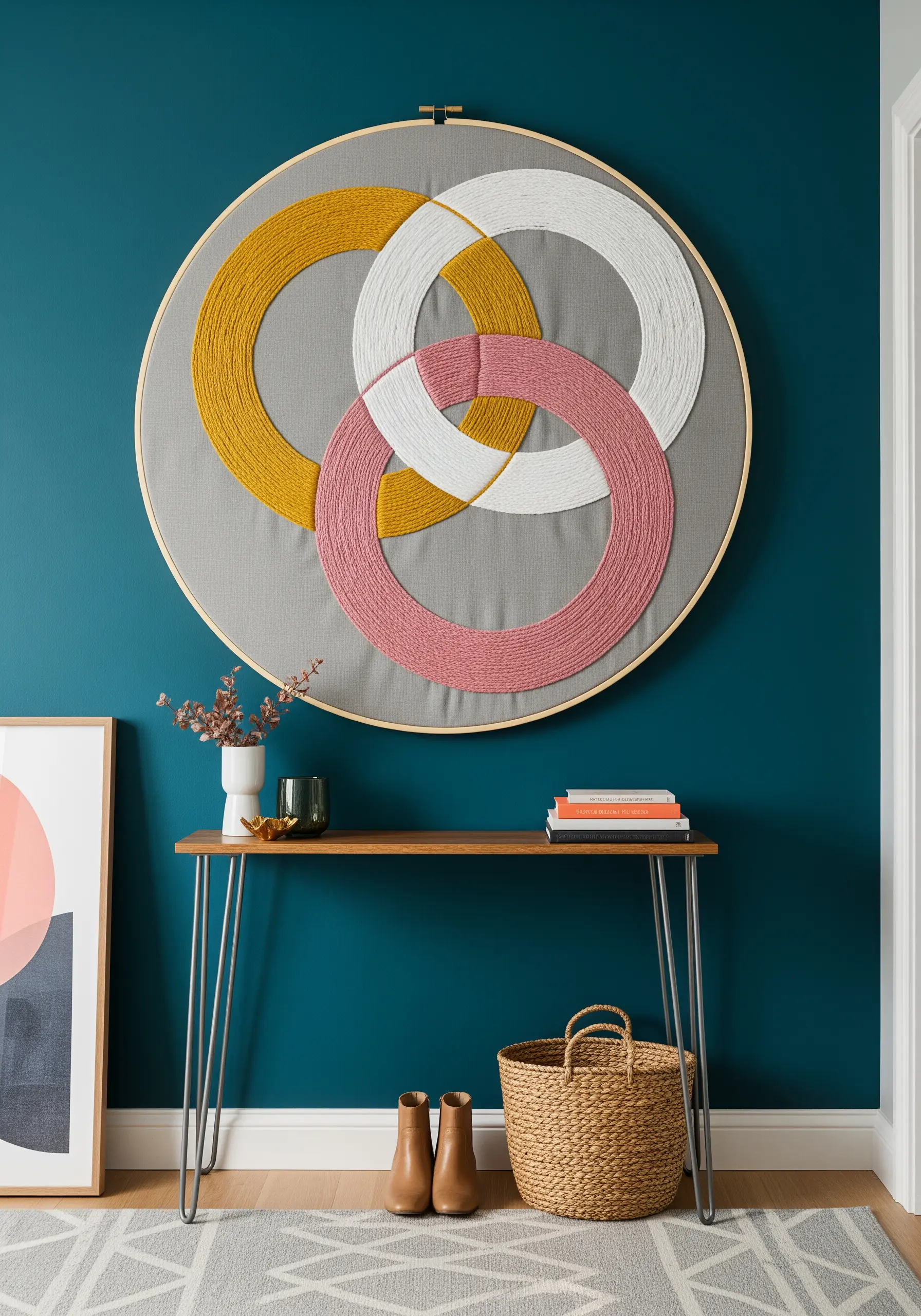 A large hoop with interlocking rings of yellow, white, and pink wrapped yarn.