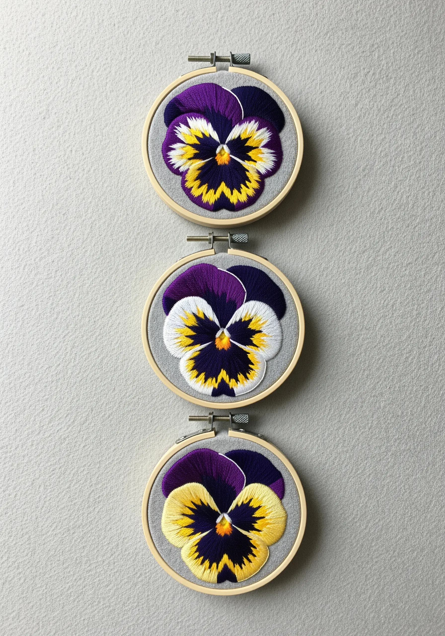 A vertical series of three small hoops, each with a pansy embroidered in varied color patterns.