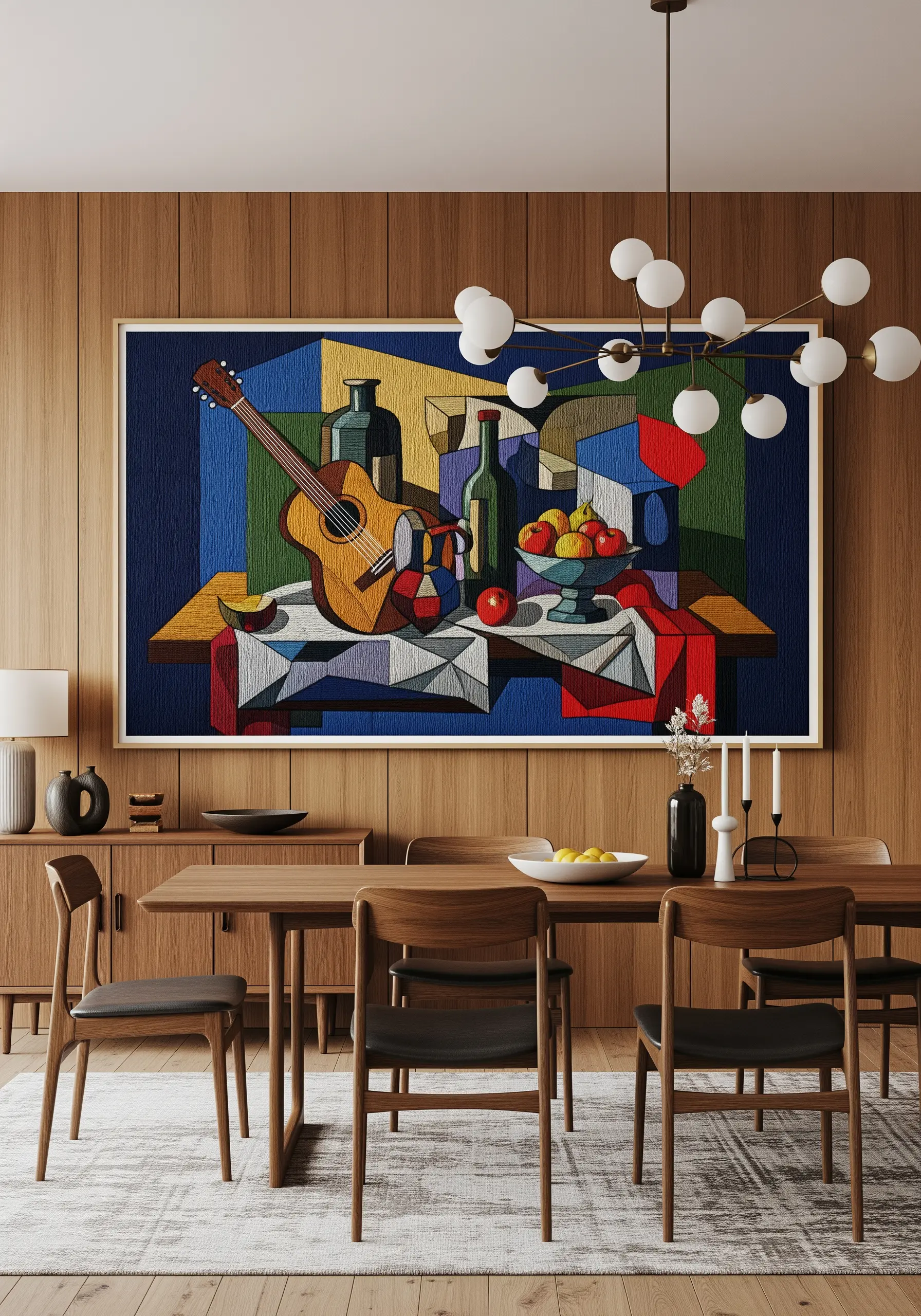 A large, framed cubist still life embroidery with a guitar, bottles, and fruit.
