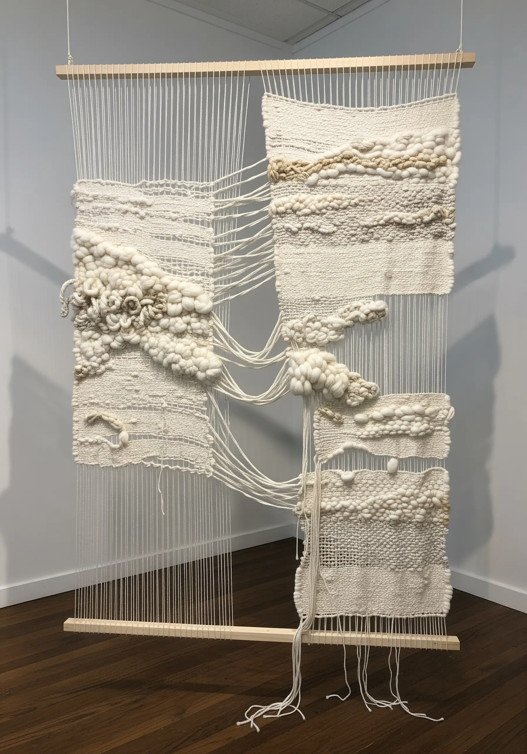 A deconstructed weaving on a loom frame with floating sections and exposed warp threads.
