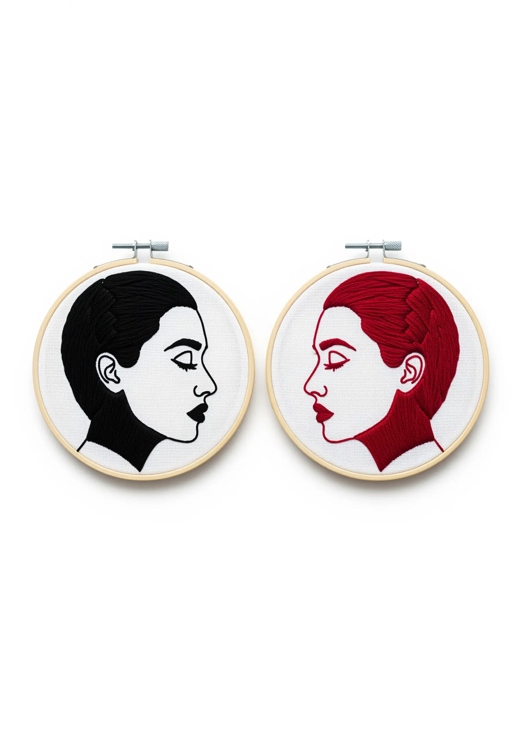 Two embroidery hoops showing a mirrored portrait, one in black fill, one in red fill.