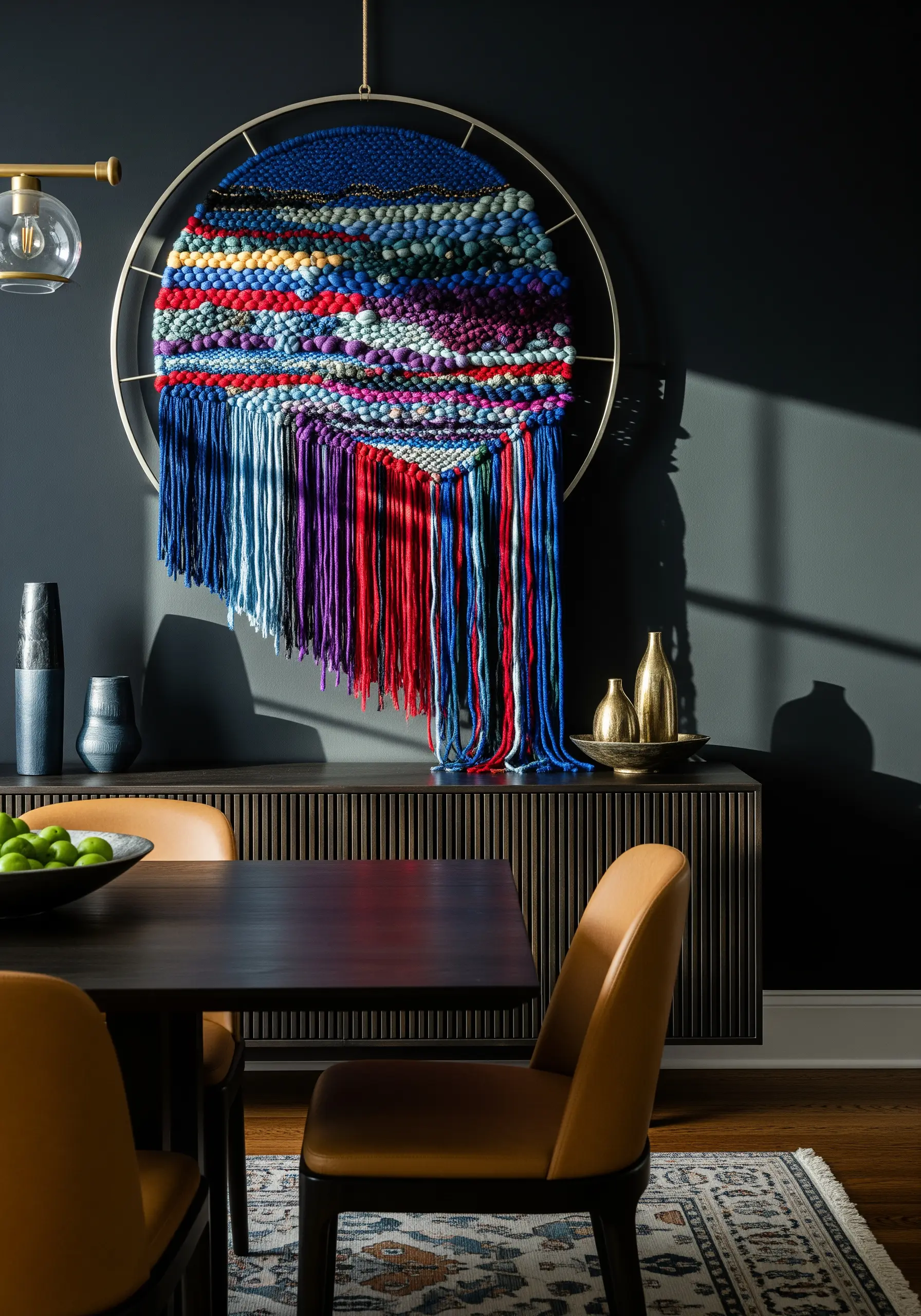 A circular woven wall hanging with a vibrant mix of colors and a long, flowing fringe.