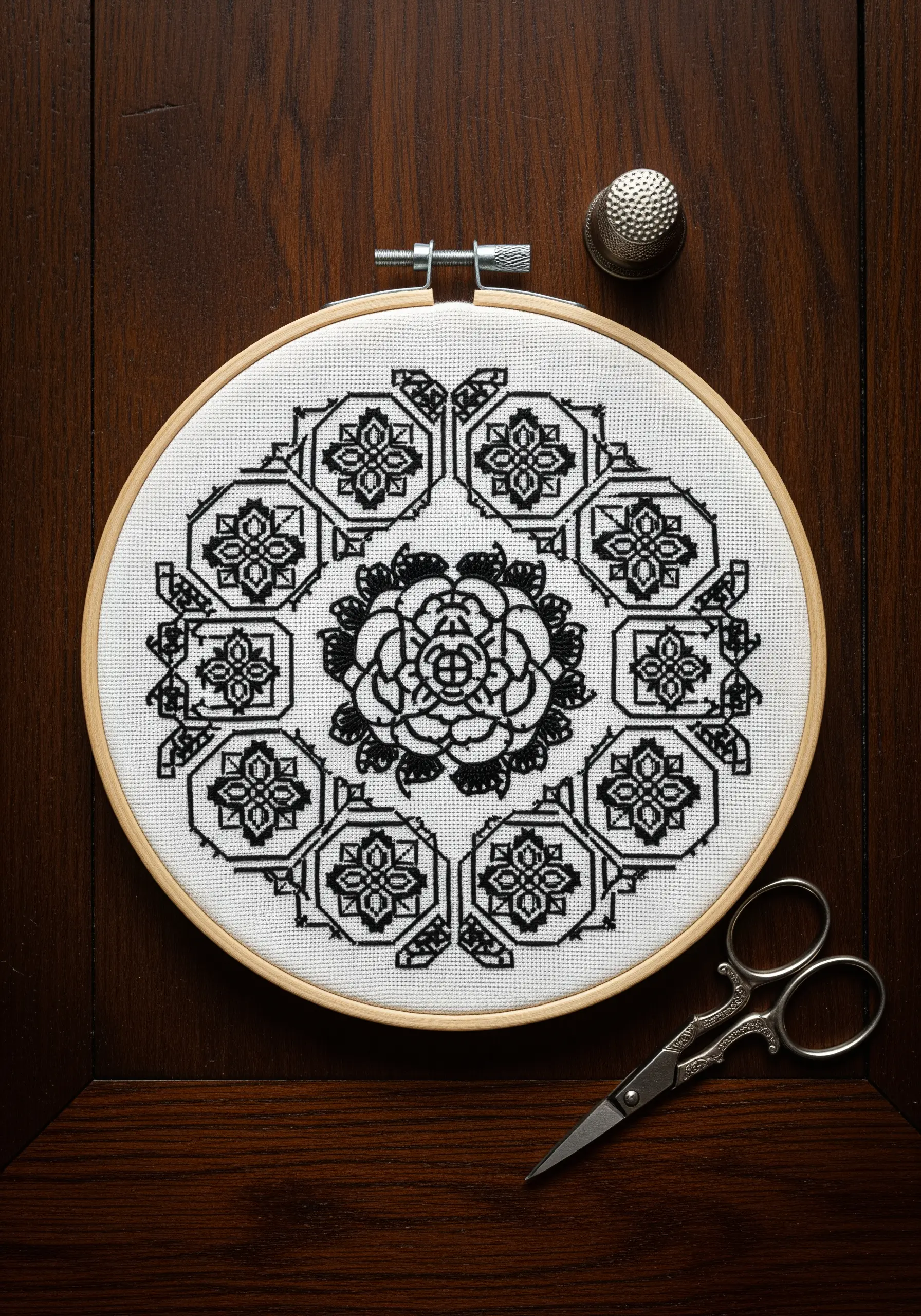 An intricate geometric blackwork embroidery pattern with floral motifs in a hoop.