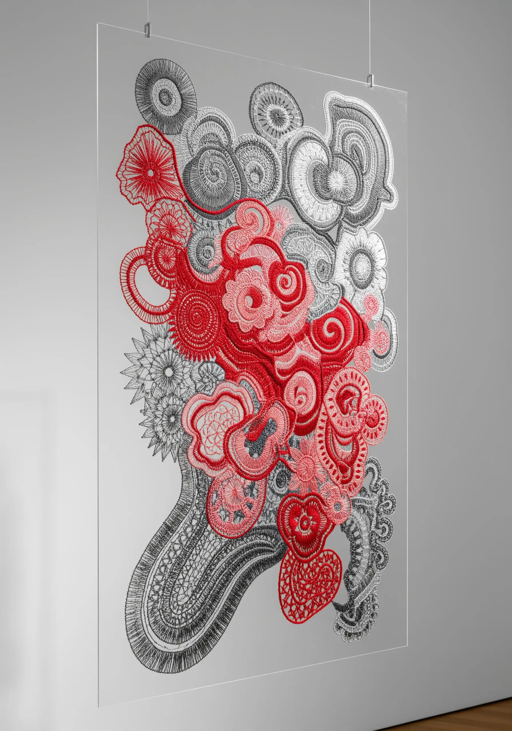 Intricate abstract embroidery in red, black, and white stitched on a clear acrylic panel.