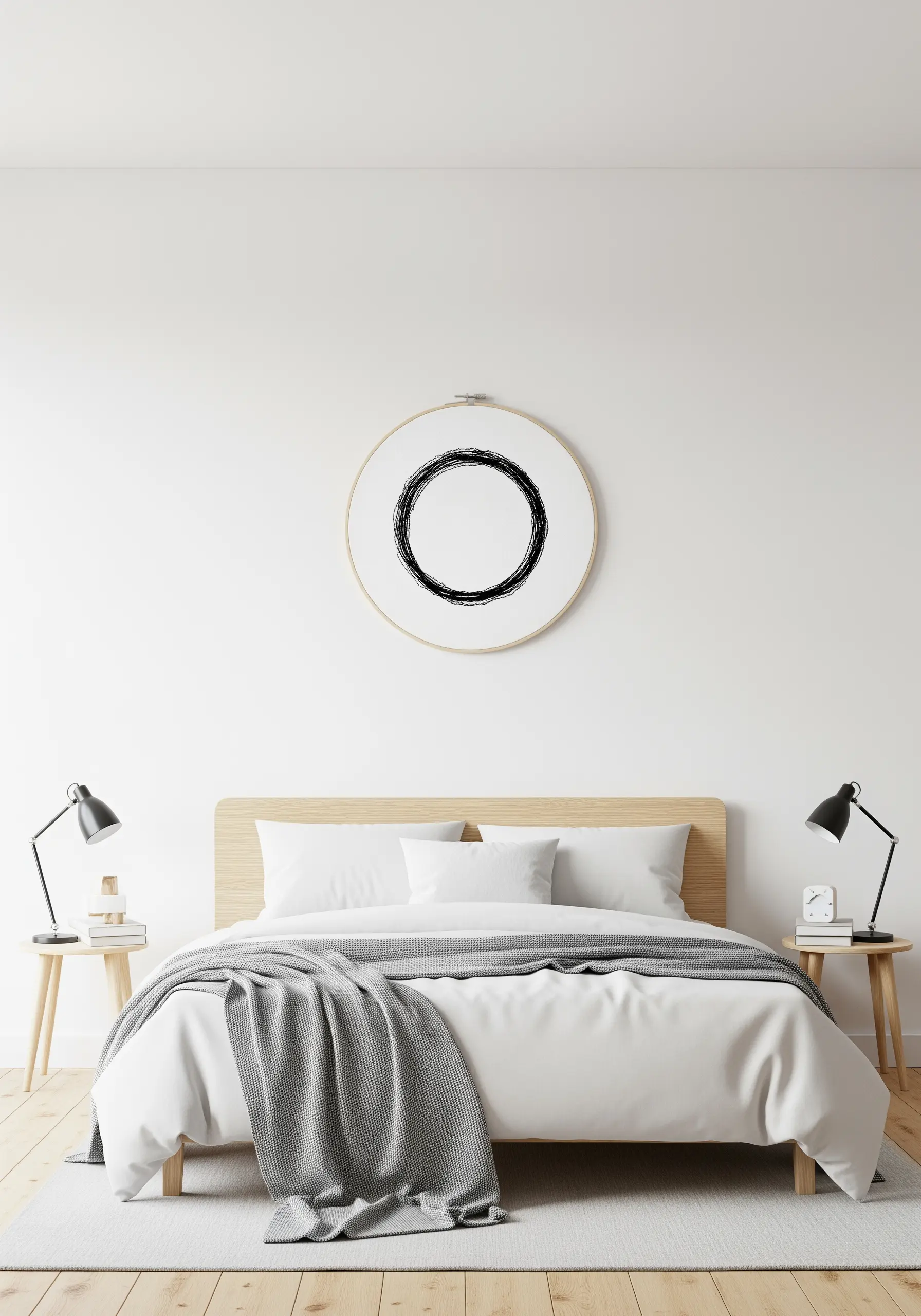An abstract, heavily stitched black circle in an embroidery hoop, hung above a minimalist bed.