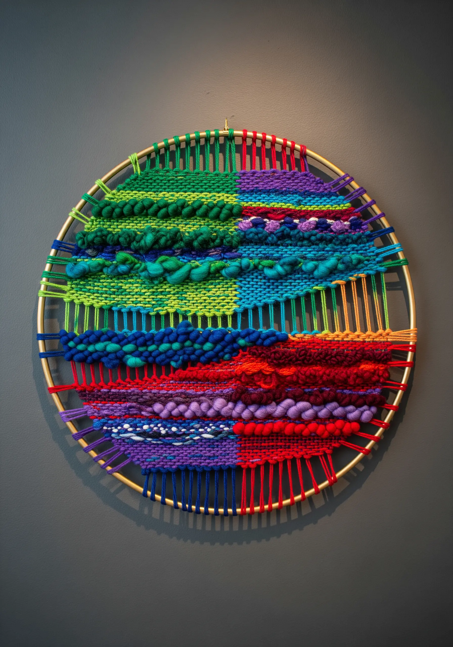 A circular woven wall hanging with vibrant, color-blocked sections of textured yarn.