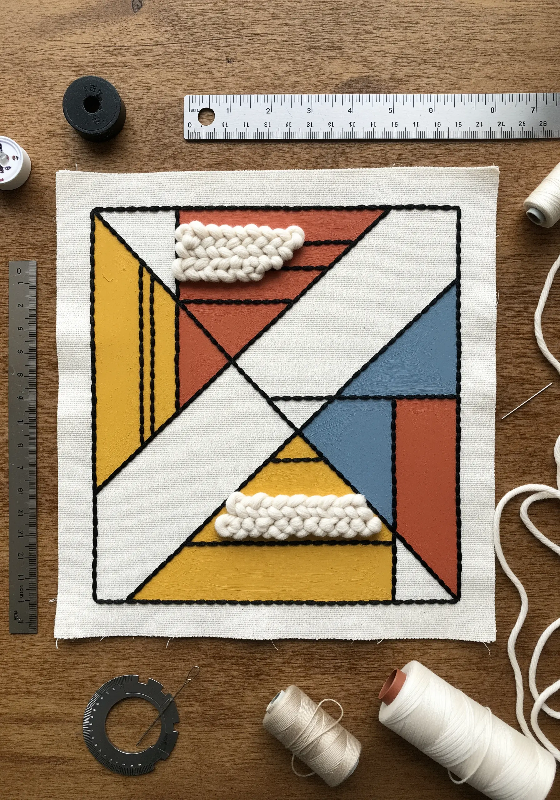 Abstract geometric embroidery with painted color blocks, couched outlines, and woven texture.