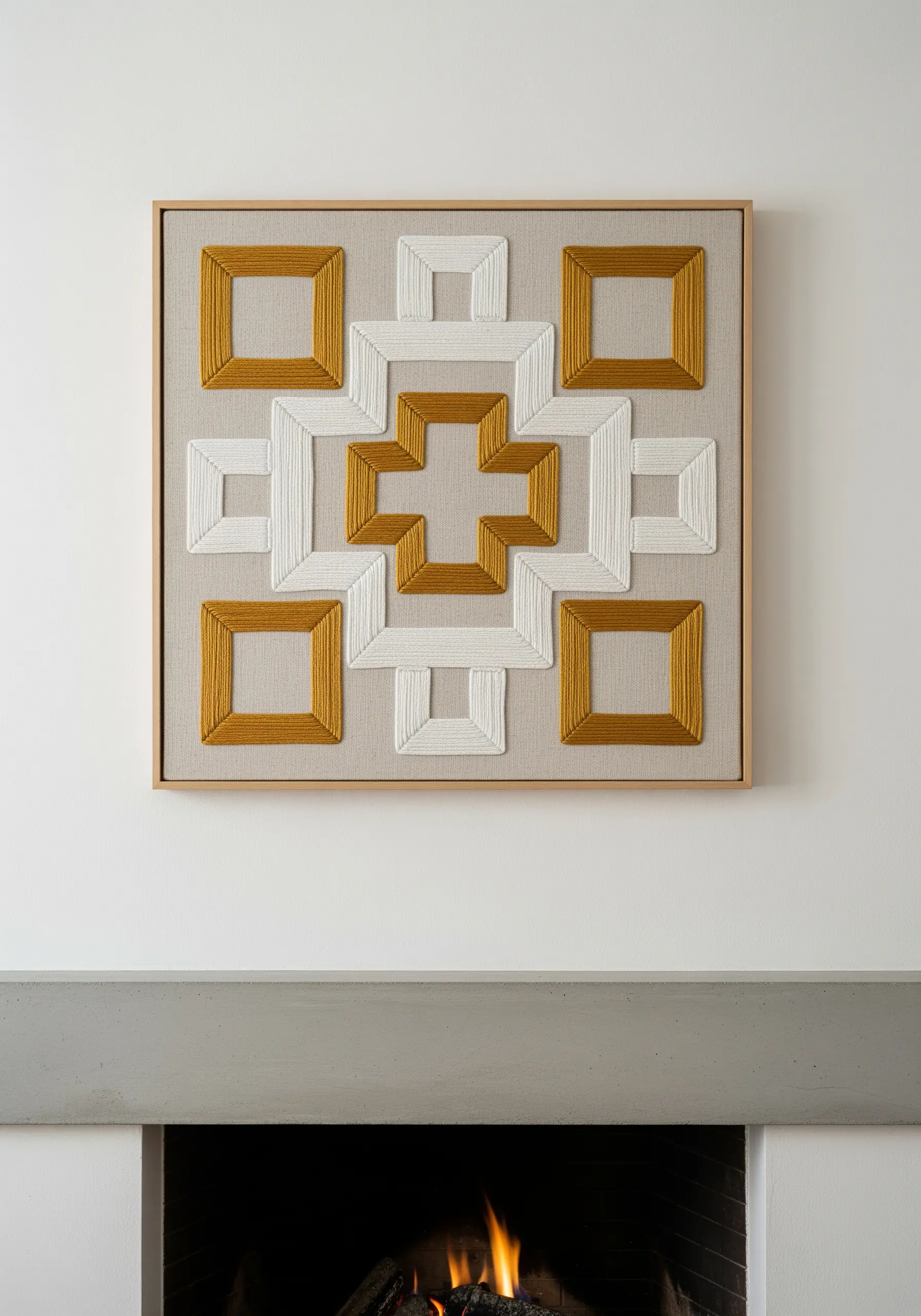 A framed textile art piece with a geometric pattern made from wrapped gold and white yarn.