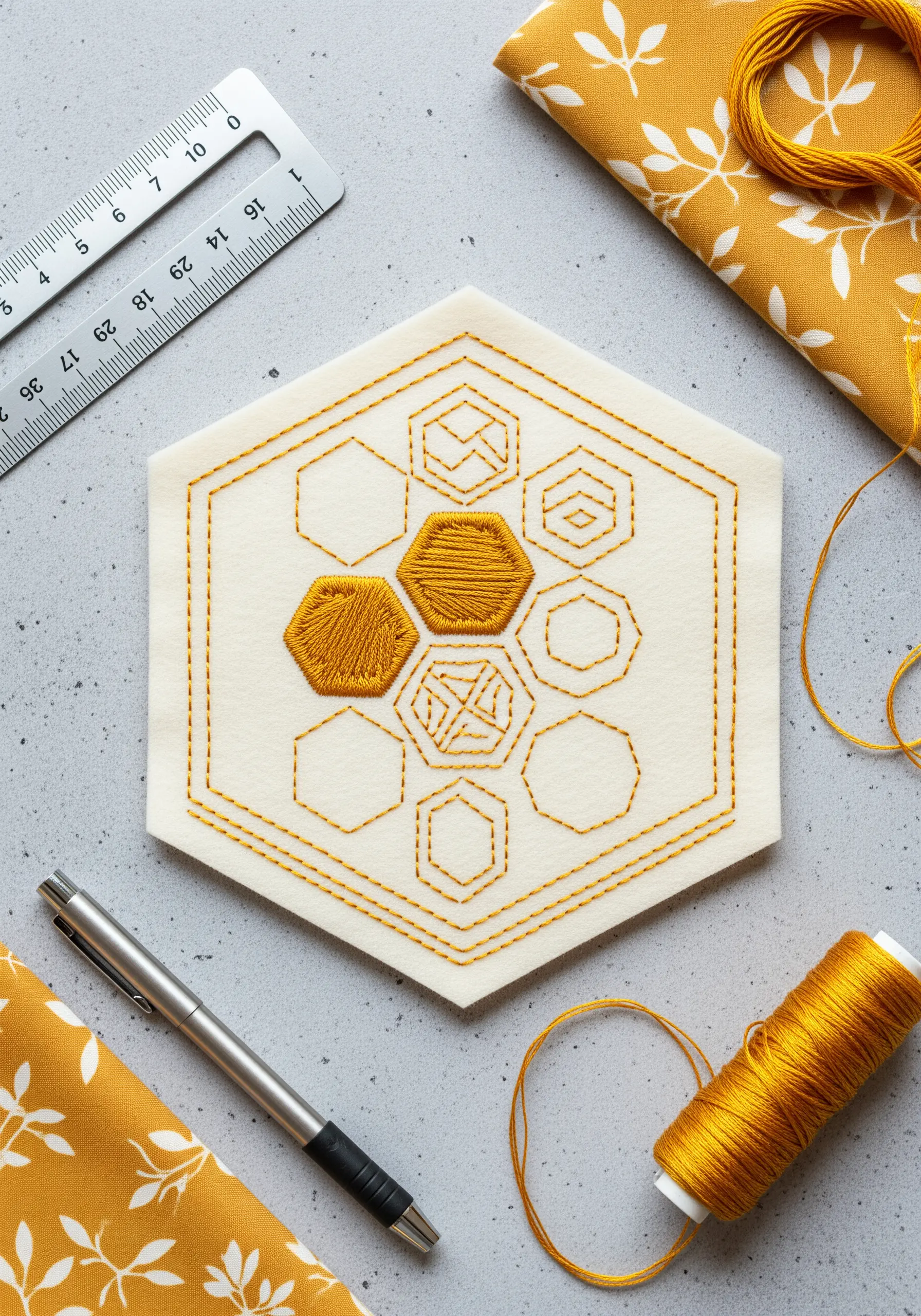 A geometric honeycomb pattern in gold thread on white felt, with some shapes filled in.