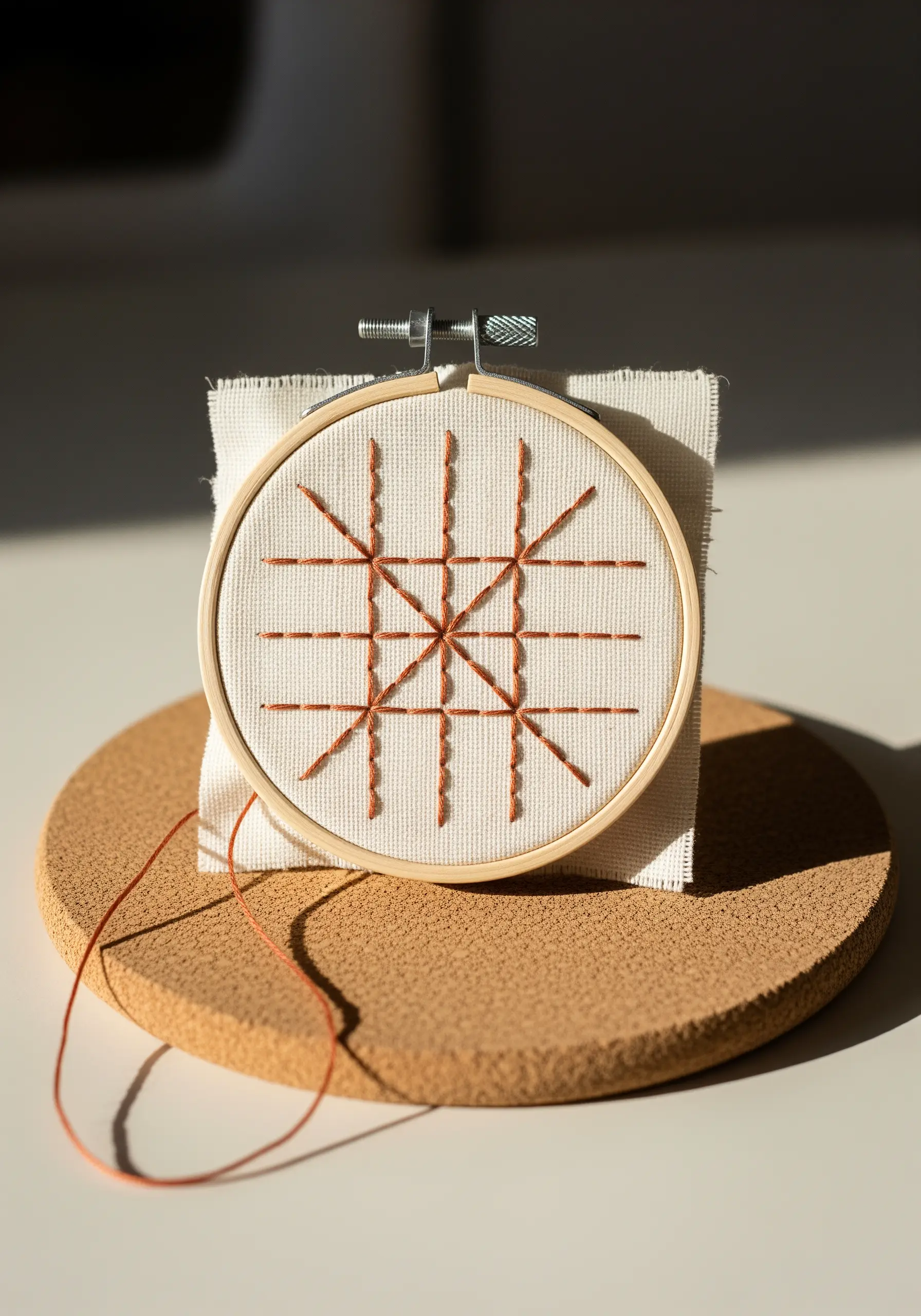 Geometric grid pattern created with running stitches on white fabric.