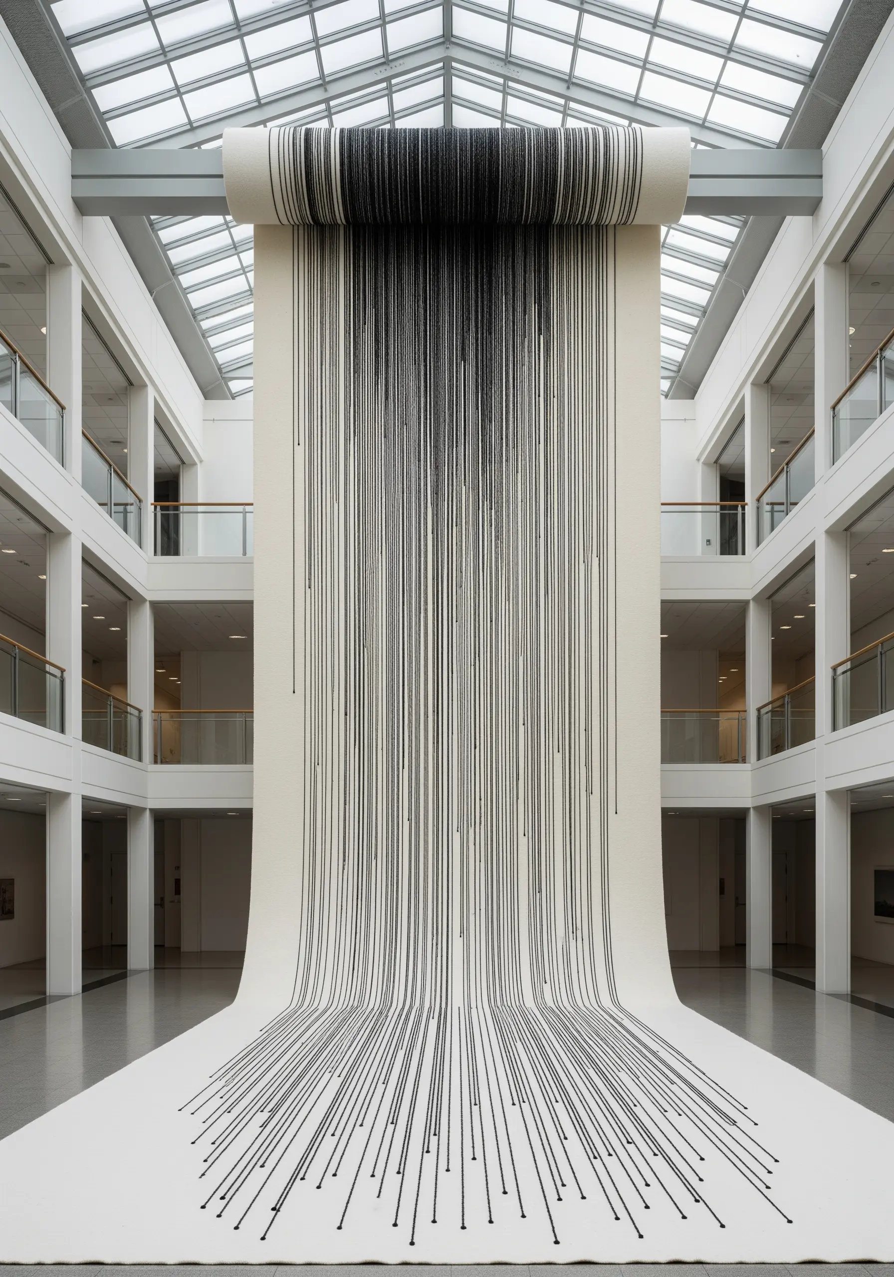 A massive white fabric scroll unrolling from the ceiling, with long black threads running down it.