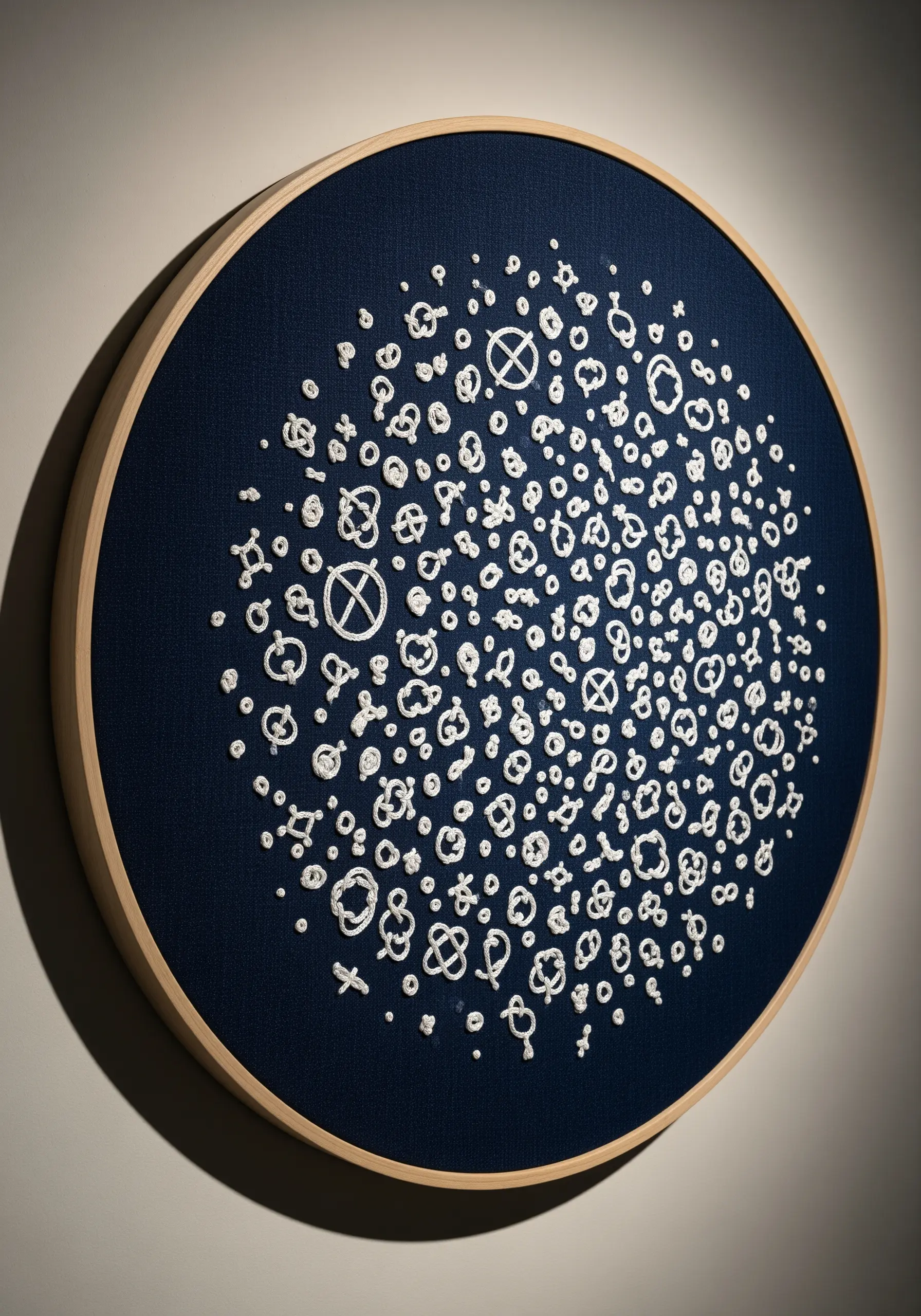 Round embroidery hoop with abstract white textural stitches on a dark navy background.