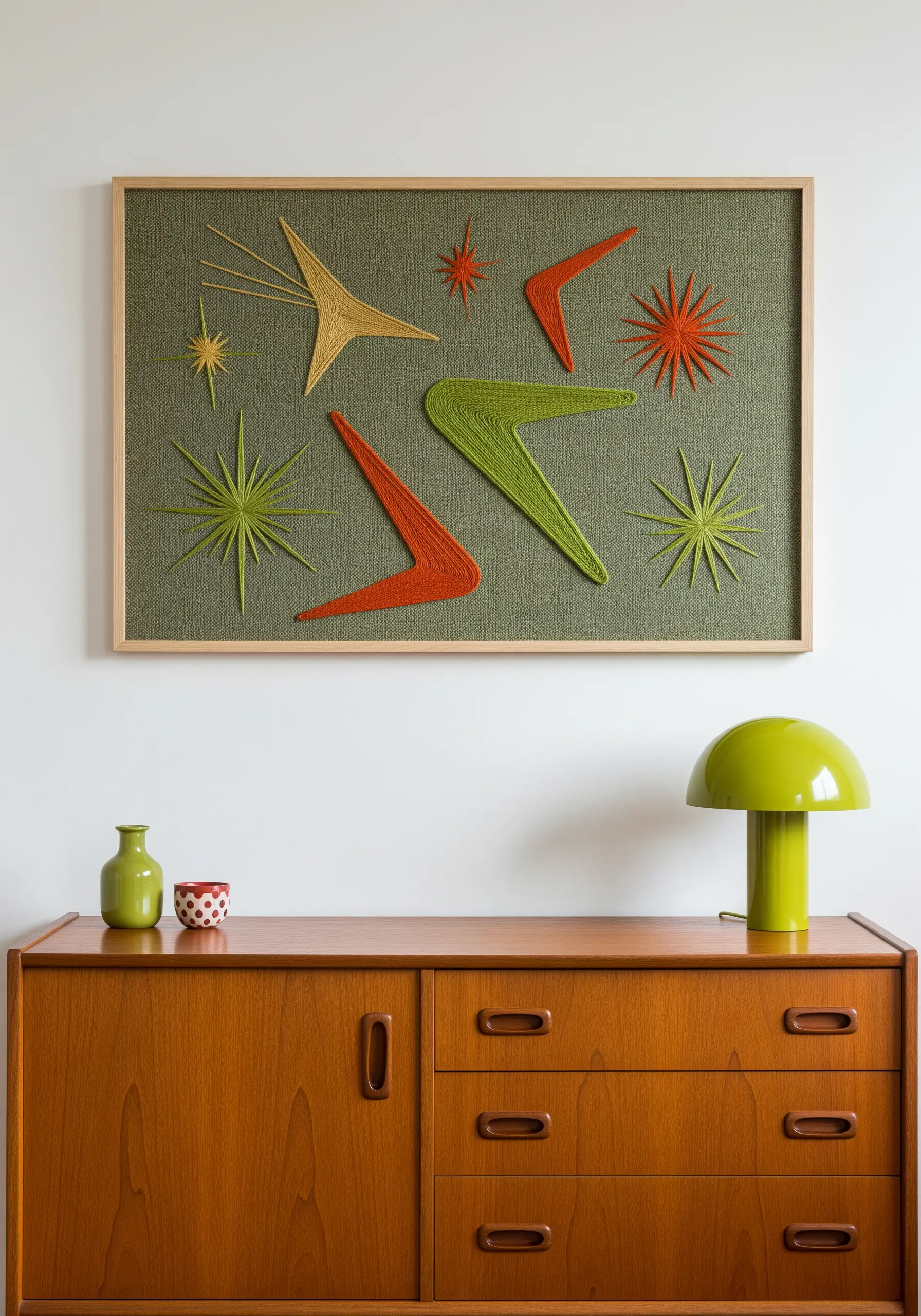 Framed string art embroidery with mid-century modern starbursts and boomerang shapes.
