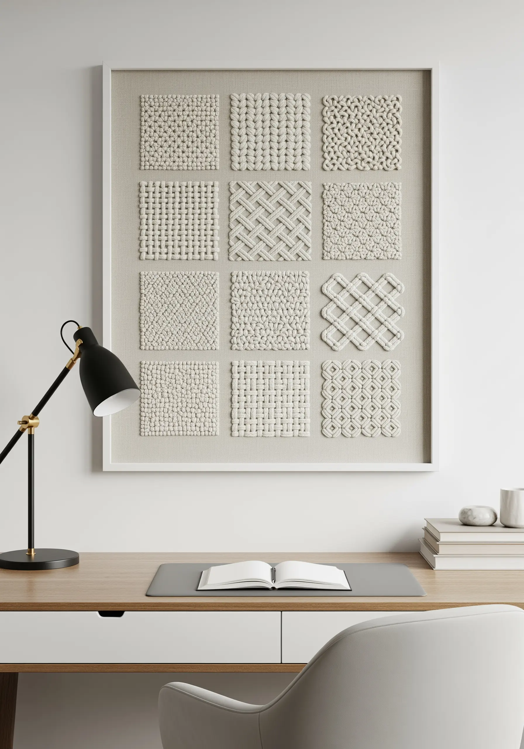 A framed grid of twelve white-on-white embroidery squares with different textural stitches.
