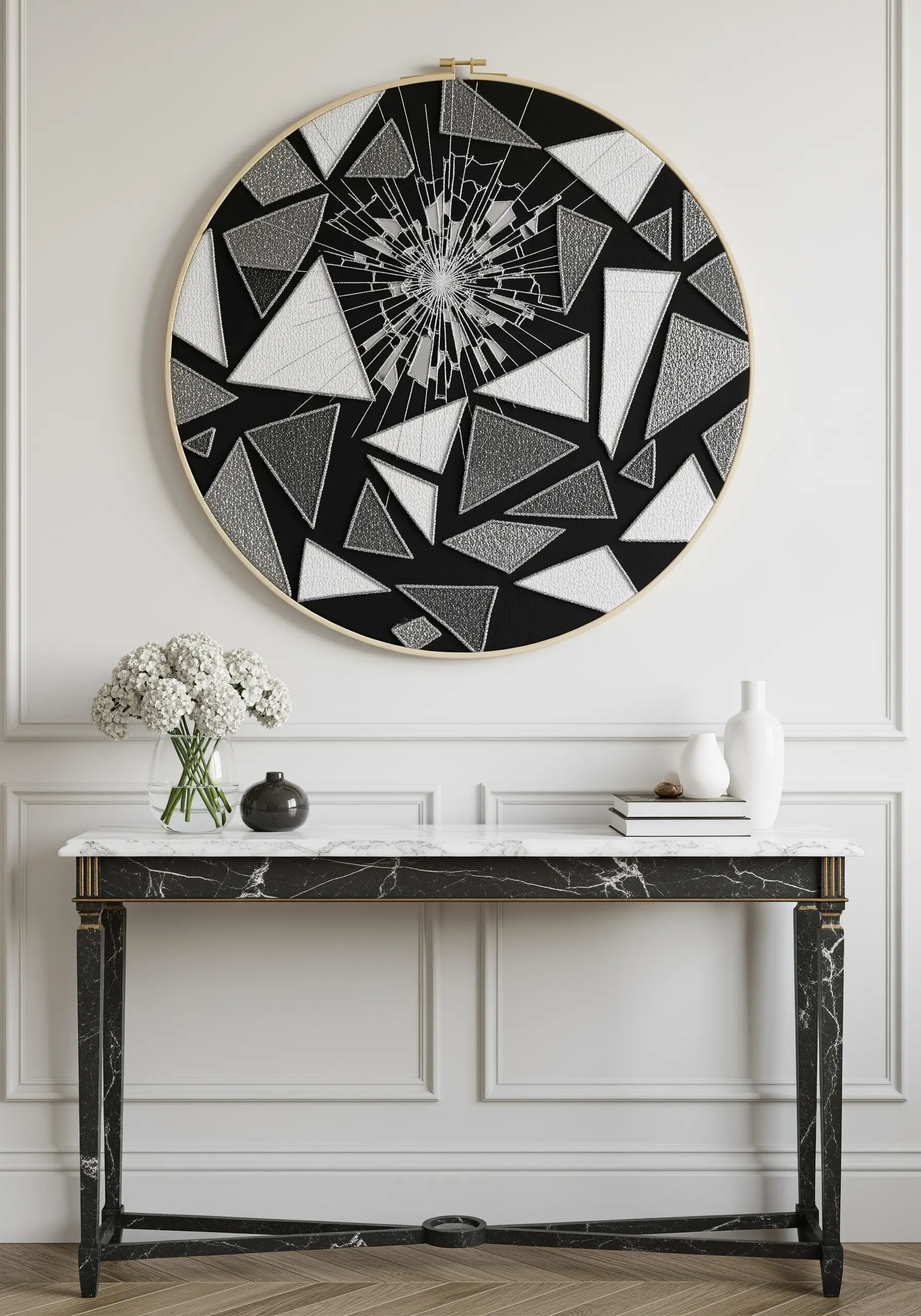 A large hoop with a shattered monochrome design, where each fragment has a unique texture.