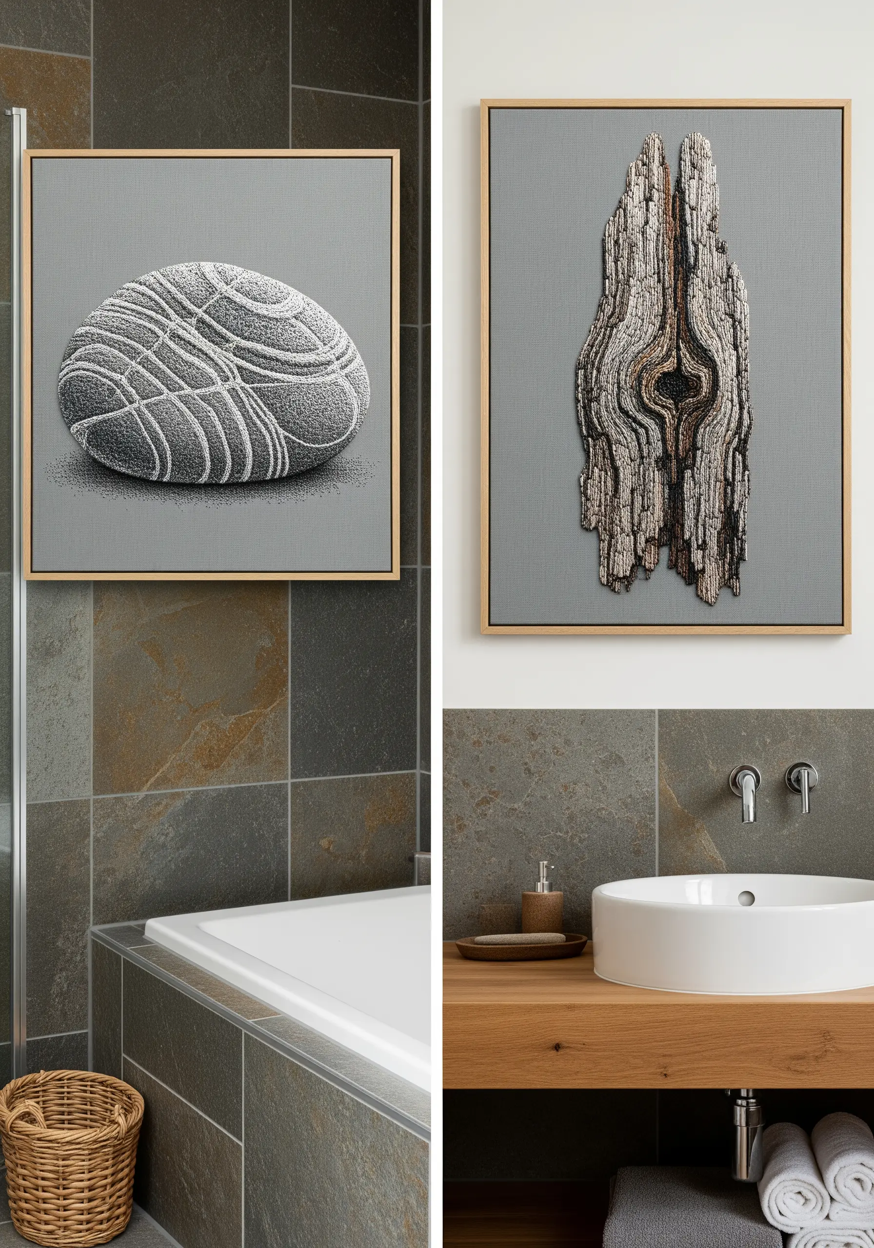 Two framed embroideries: one of a smooth, contoured stone; one of rough tree bark