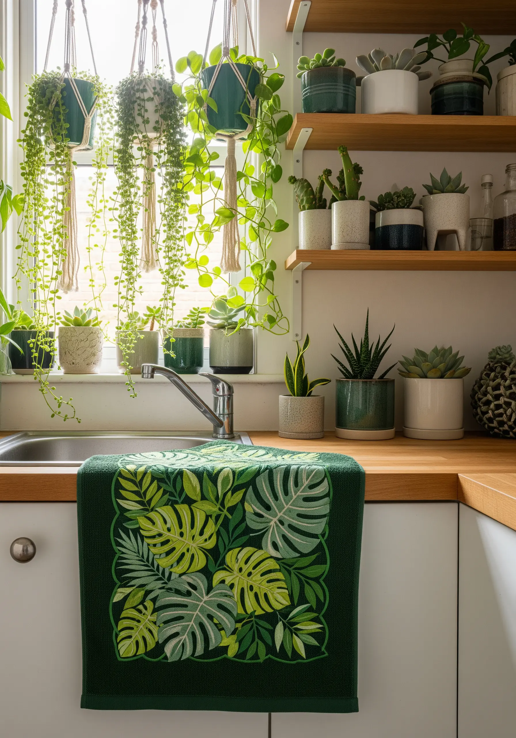 A pattern of monstera leaves created with negative space embroidery on a green towel.