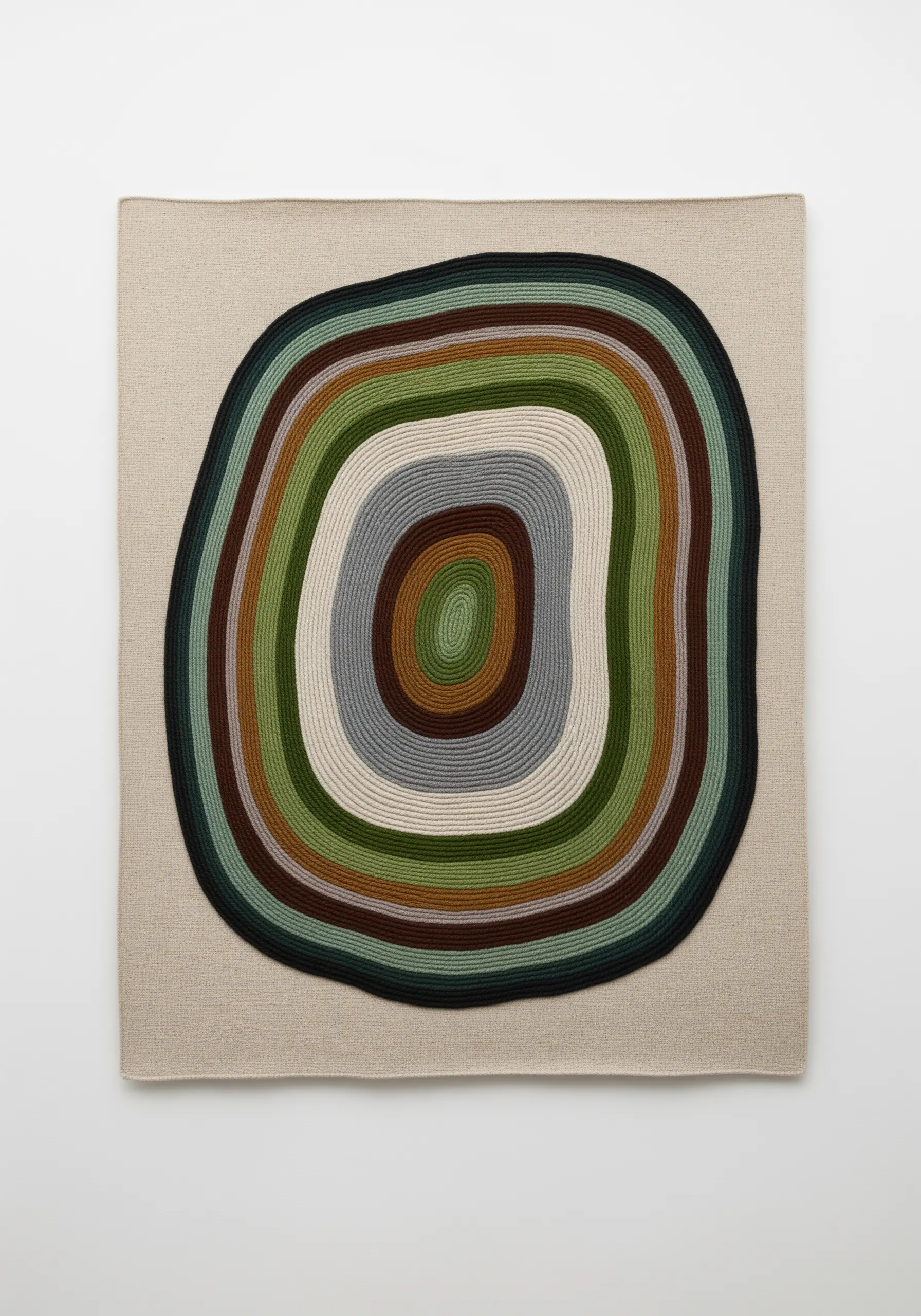 Textile wall art with concentric, organic rings of couched yarn in earthy greens, browns, and grays.