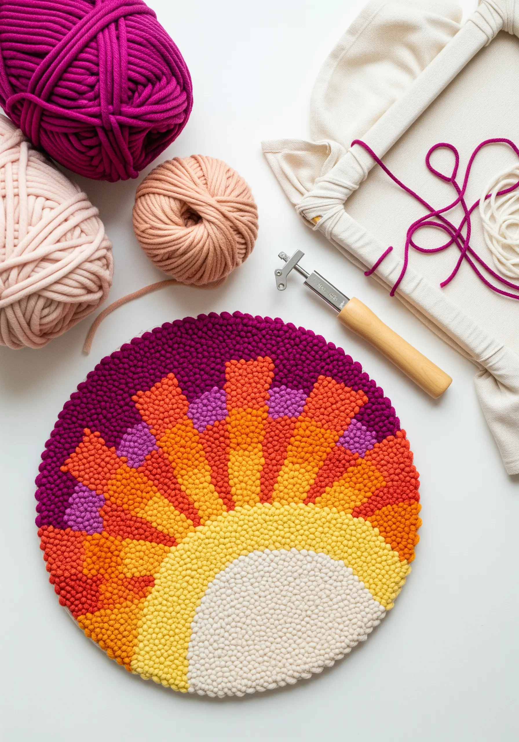 A round punch needle project with a vibrant sunrise pattern, next to yarn and tools.