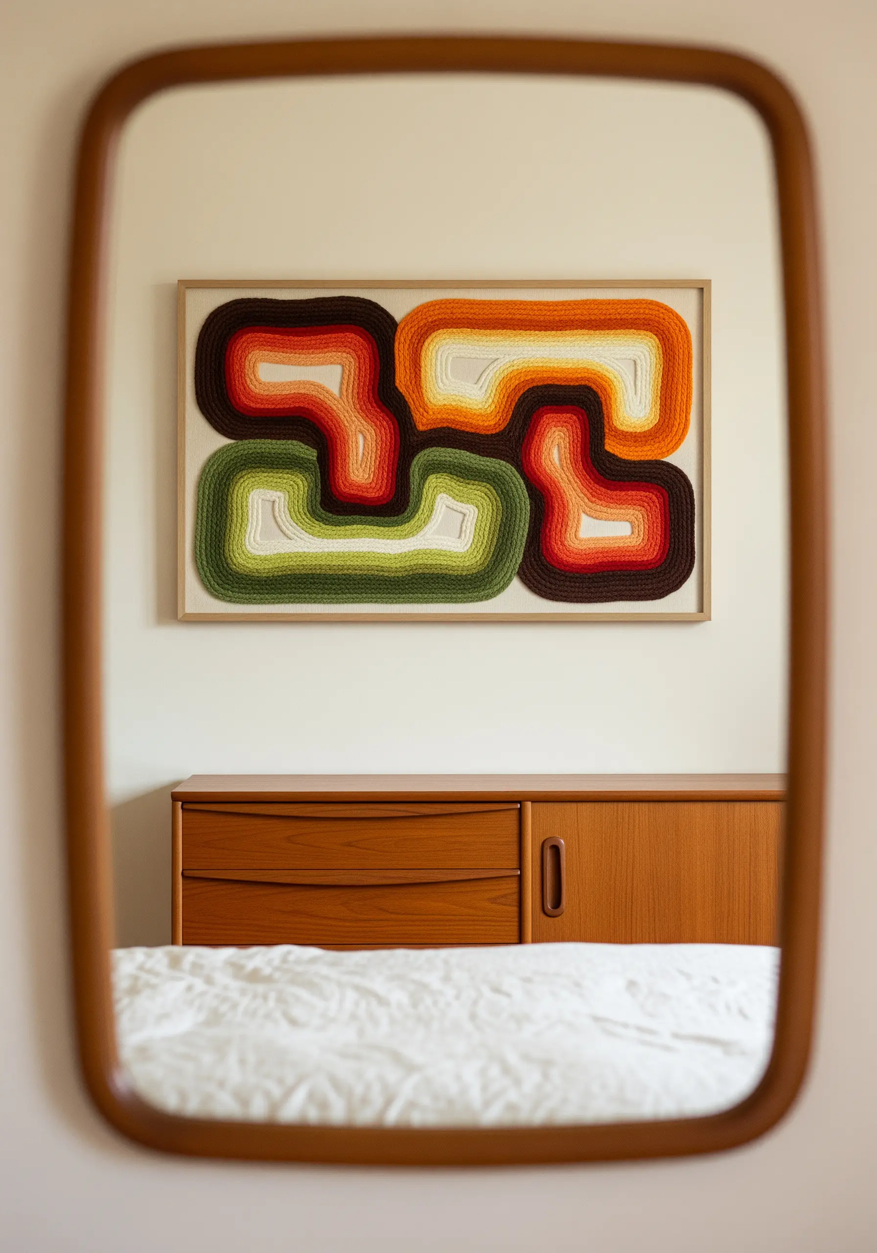 Framed abstract yarn art with retro 70s colors seen through a mirror.