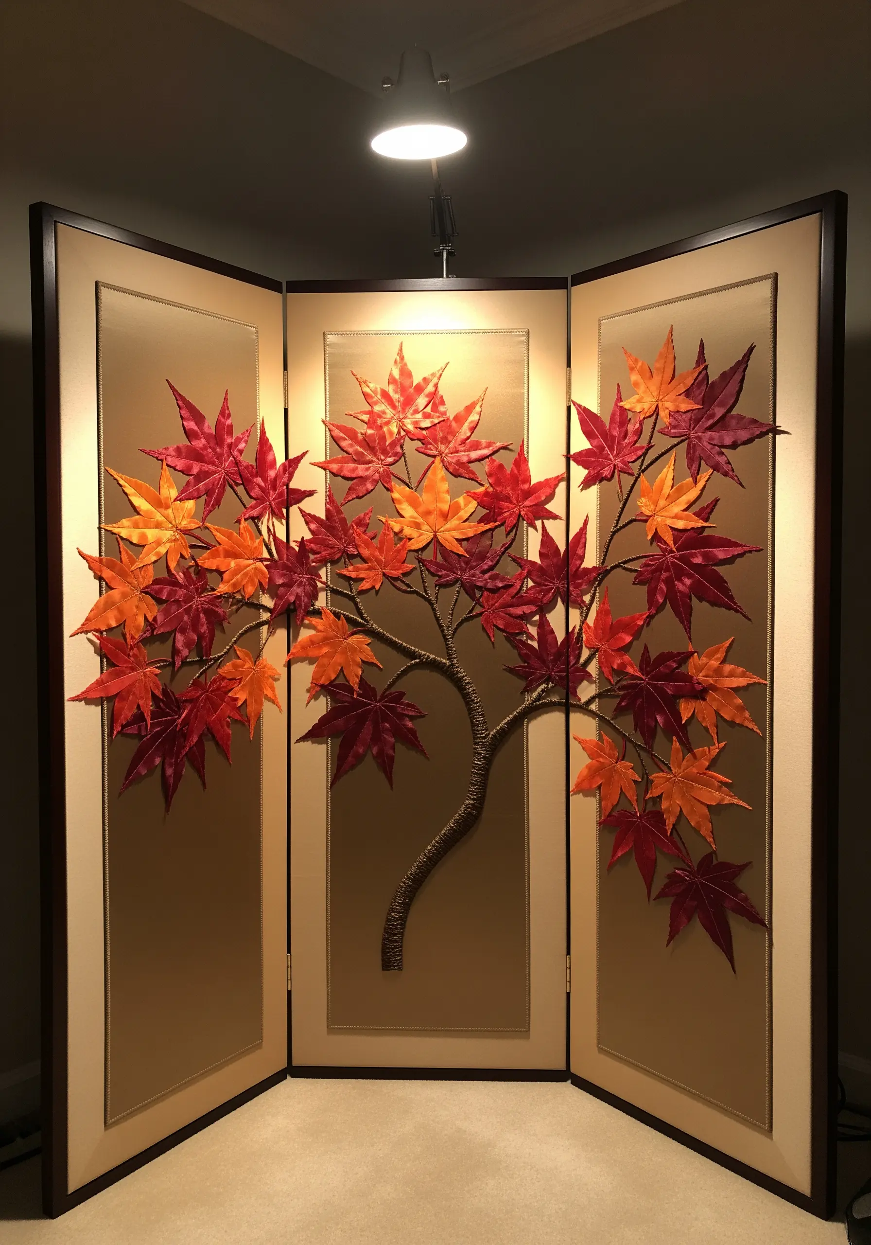 A three-panel folding screen featuring a sculptural, 3D embroidered maple tree with autumn leaves.