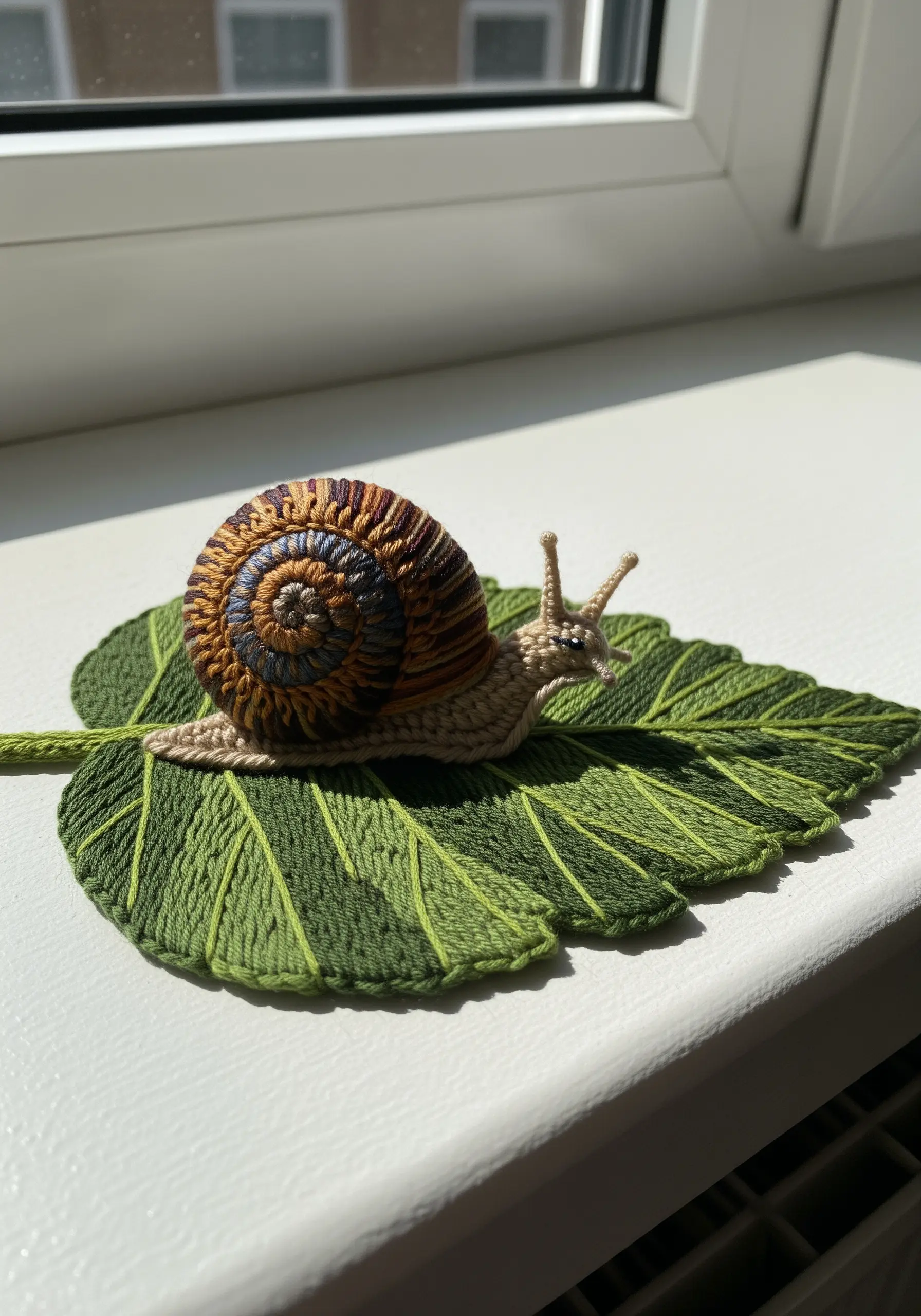 A 3D stumpwork snail with a raised, embroidered shell sitting on a satin-stitched leaf.