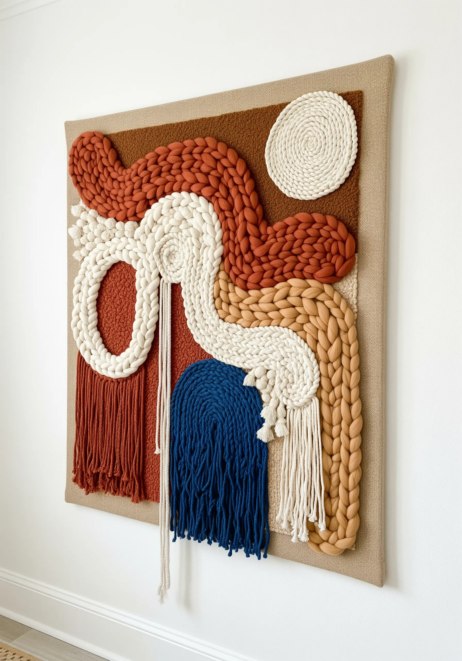 Large abstract fiber art wall hanging with chunky yarn in terracotta, cream, and blue.